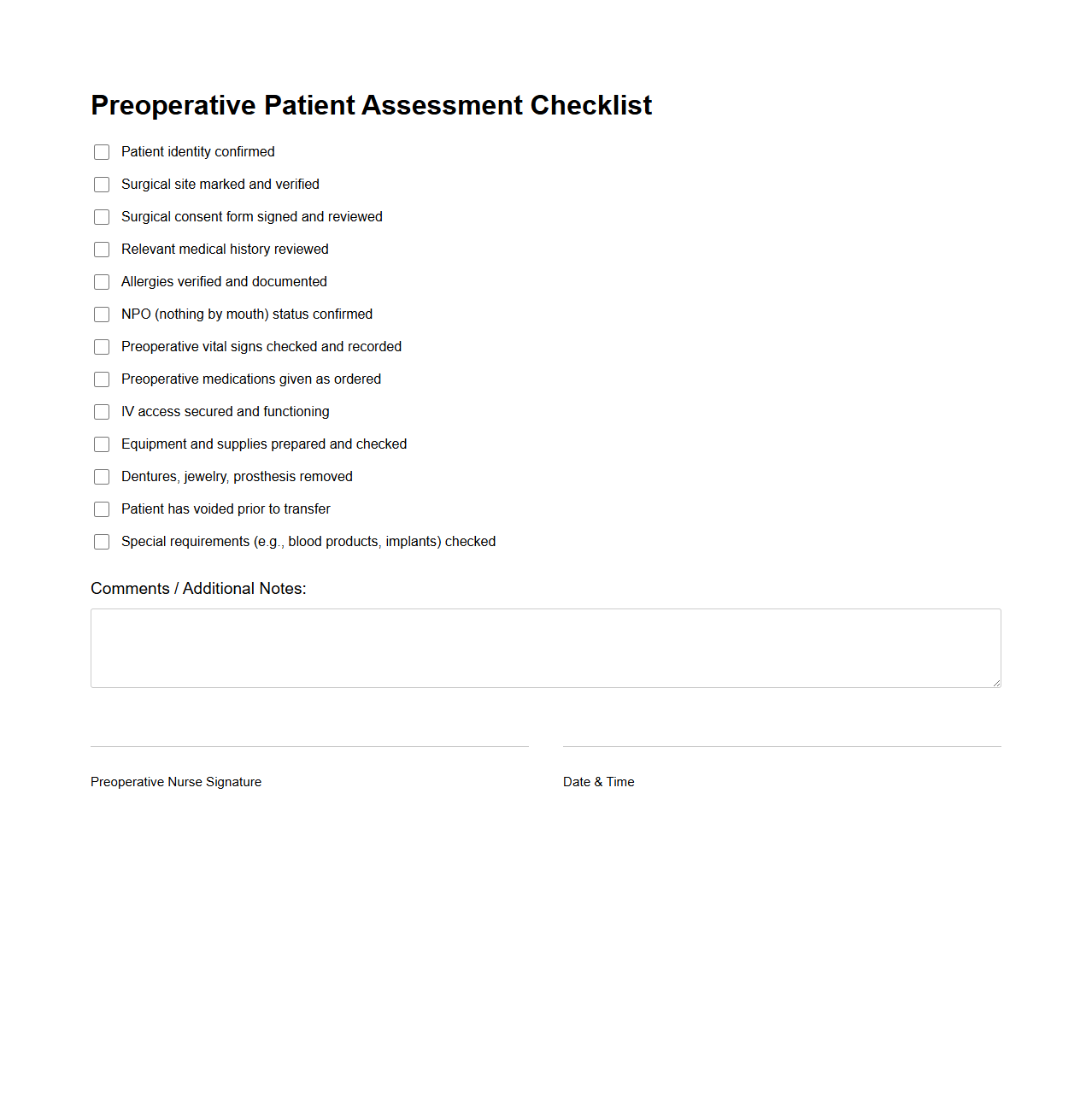 Preoperative Patient Assessment Checklist Sample for Operating Room