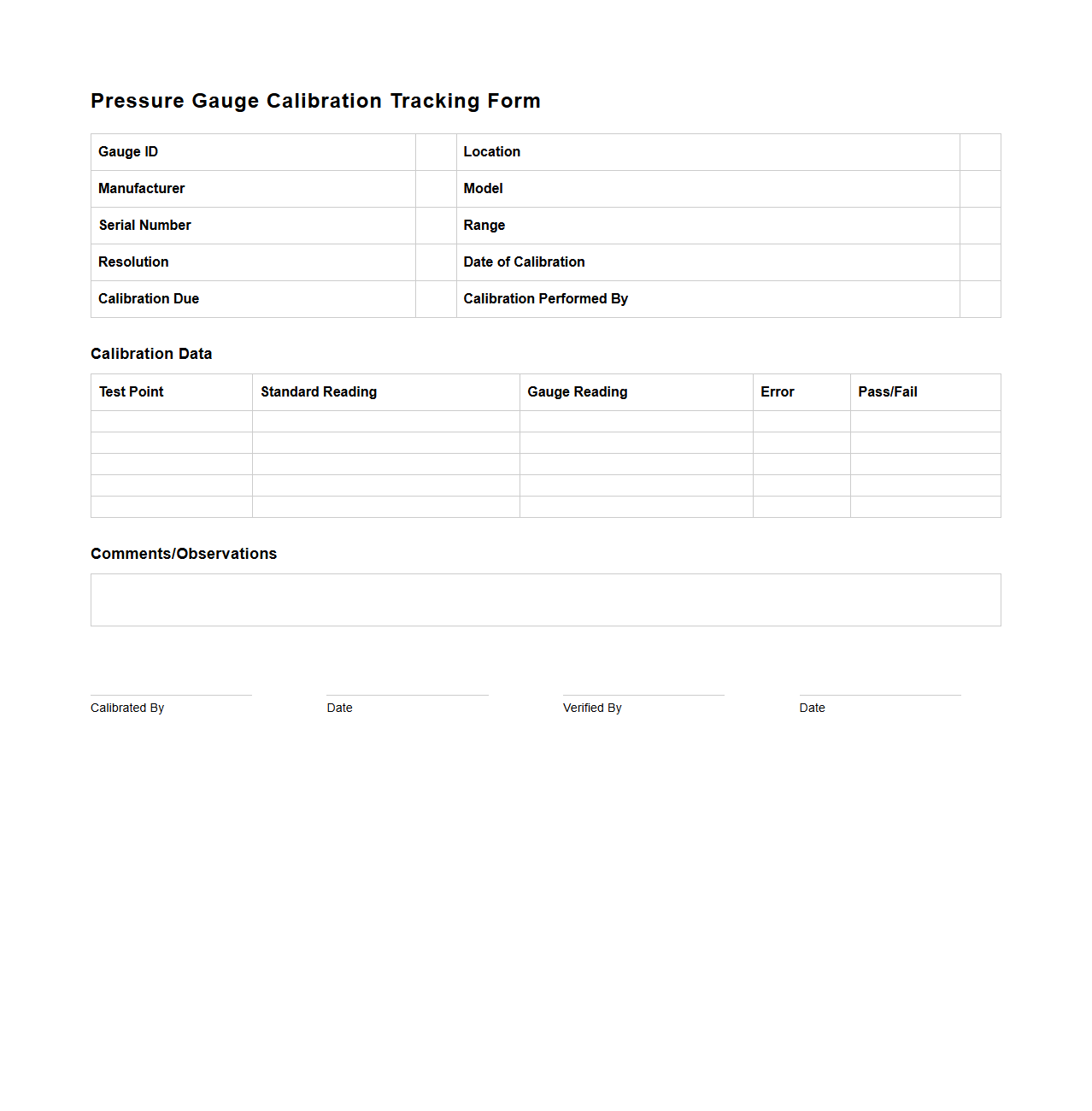 Pressure Gauge Calibration Tracking Form
