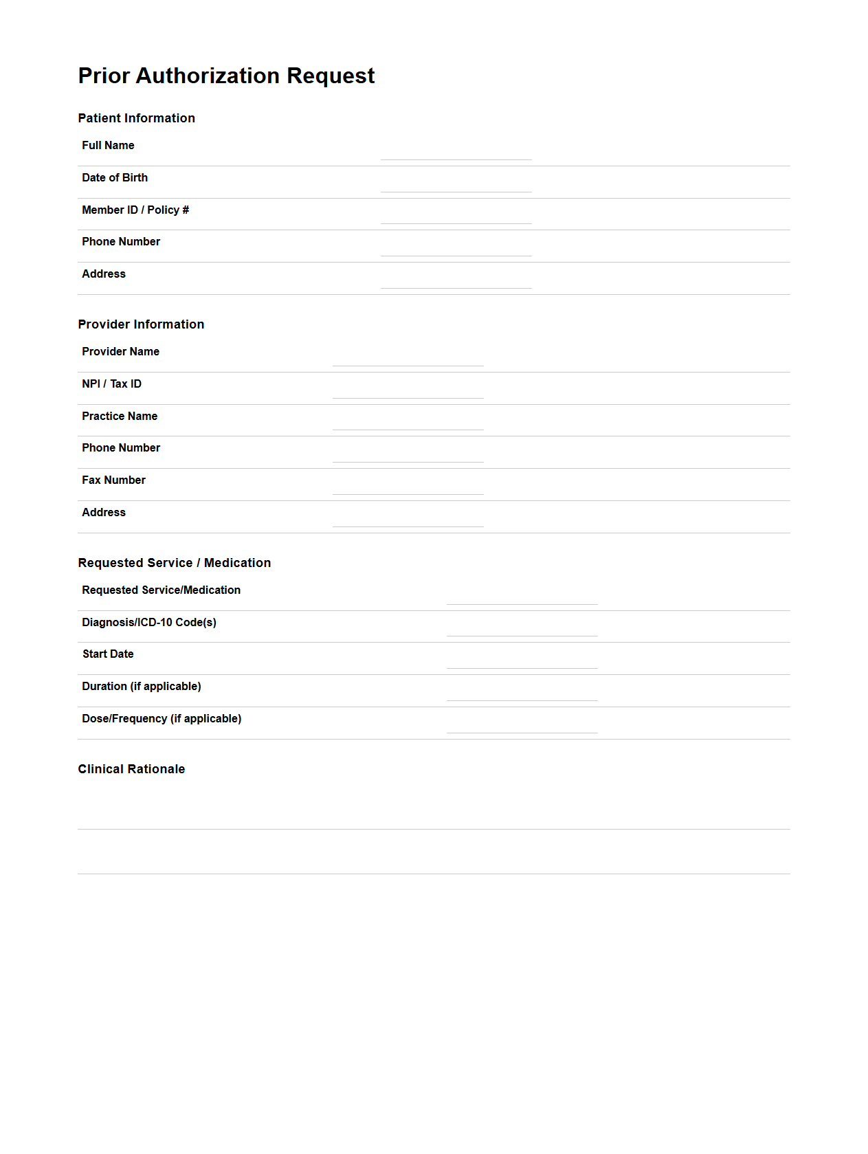 Prior Authorization Request Document Template