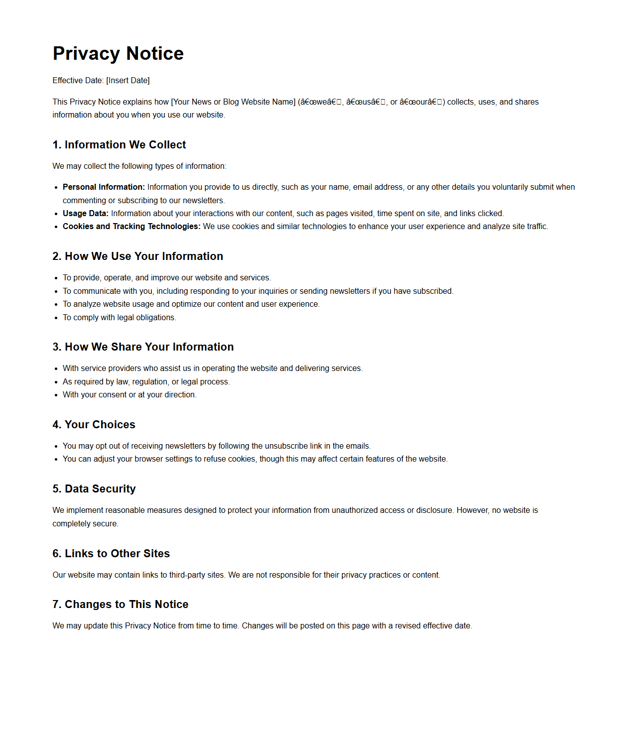 Privacy Notice Example for News and Blog Websites
