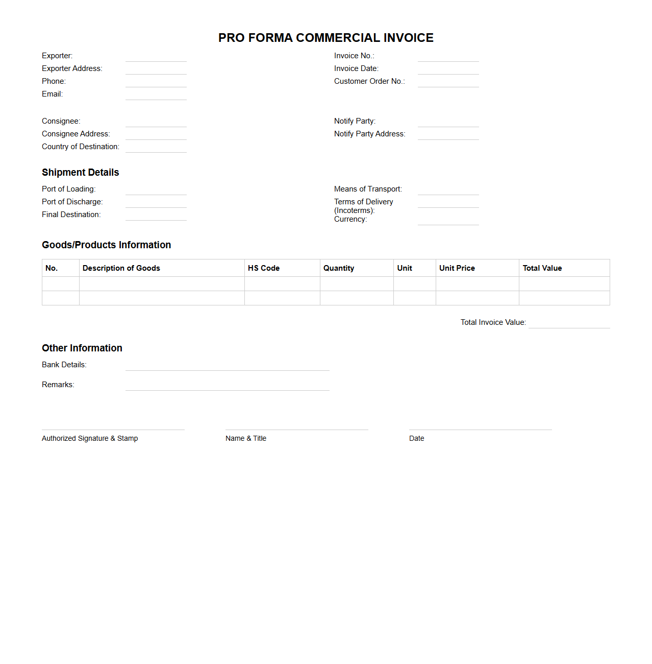 Pro Forma Commercial Invoice Template for Export Shipments