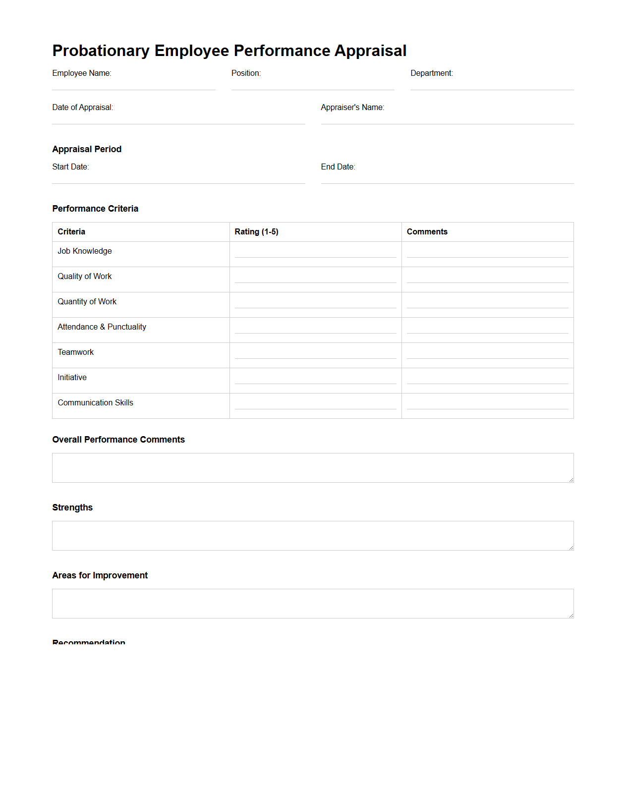 Probationary Employee Performance Appraisal Sample