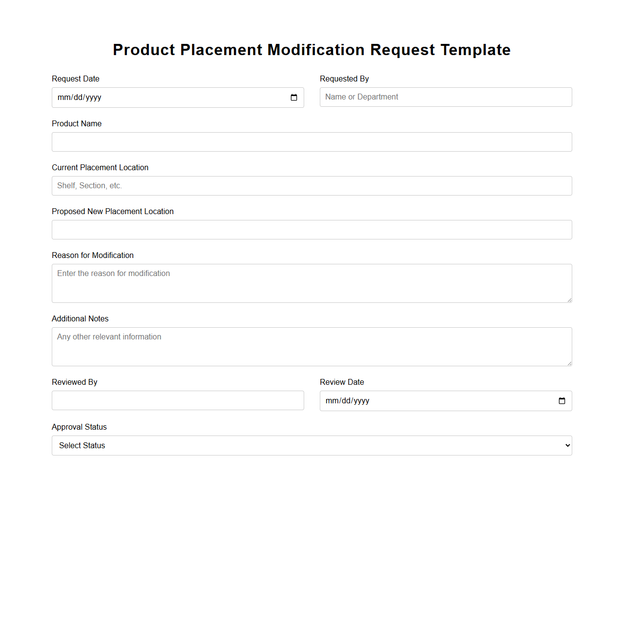 Product Placement Modification Request Template