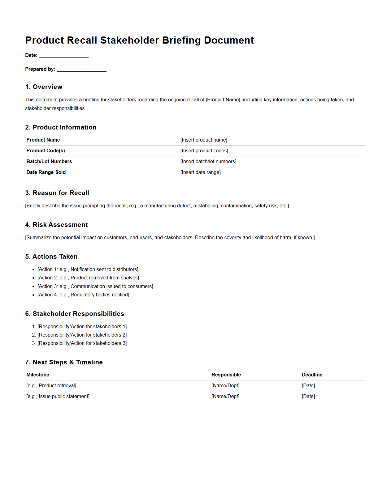 Product Recall Stakeholder Briefing Document Example