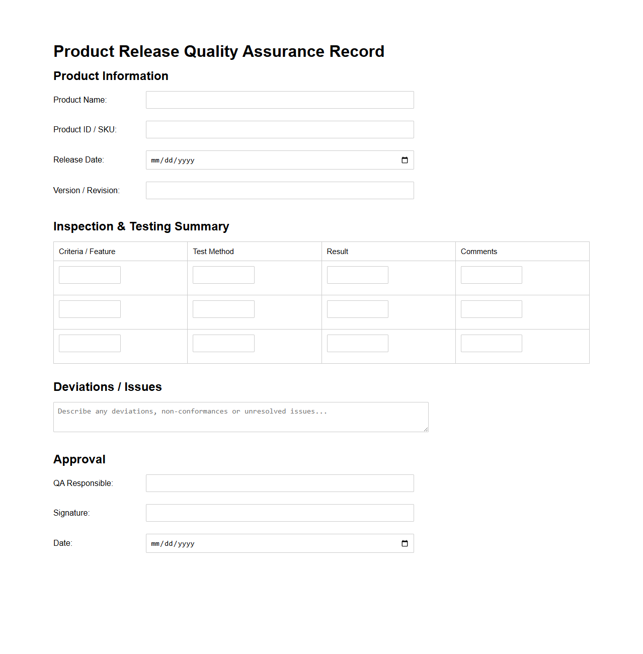 Product Release Quality Assurance Record