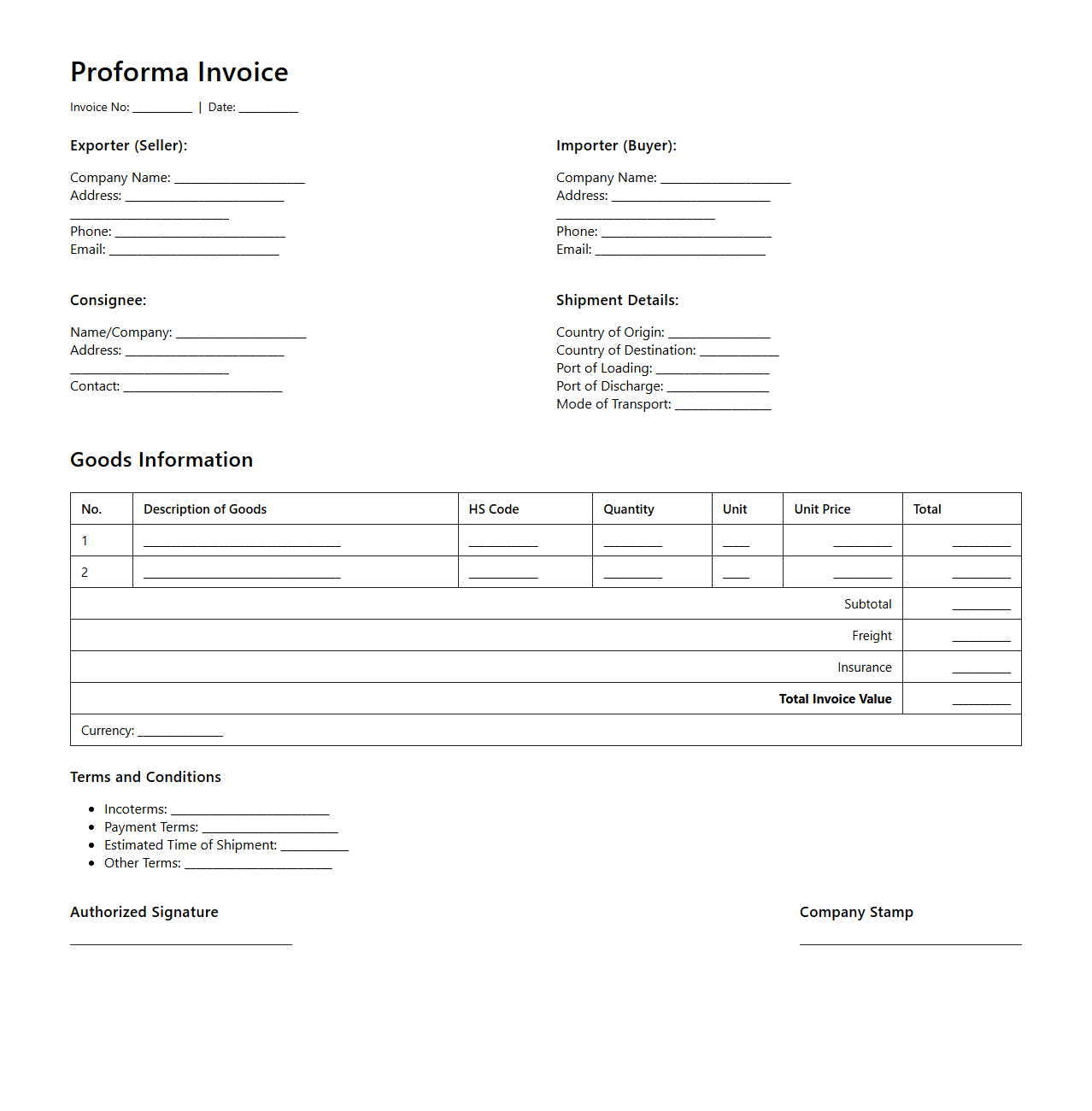 Proforma Invoice Example for International Shipments