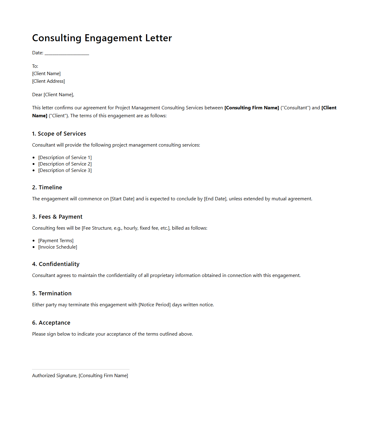 Project Management Consulting Engagement Letter Draft