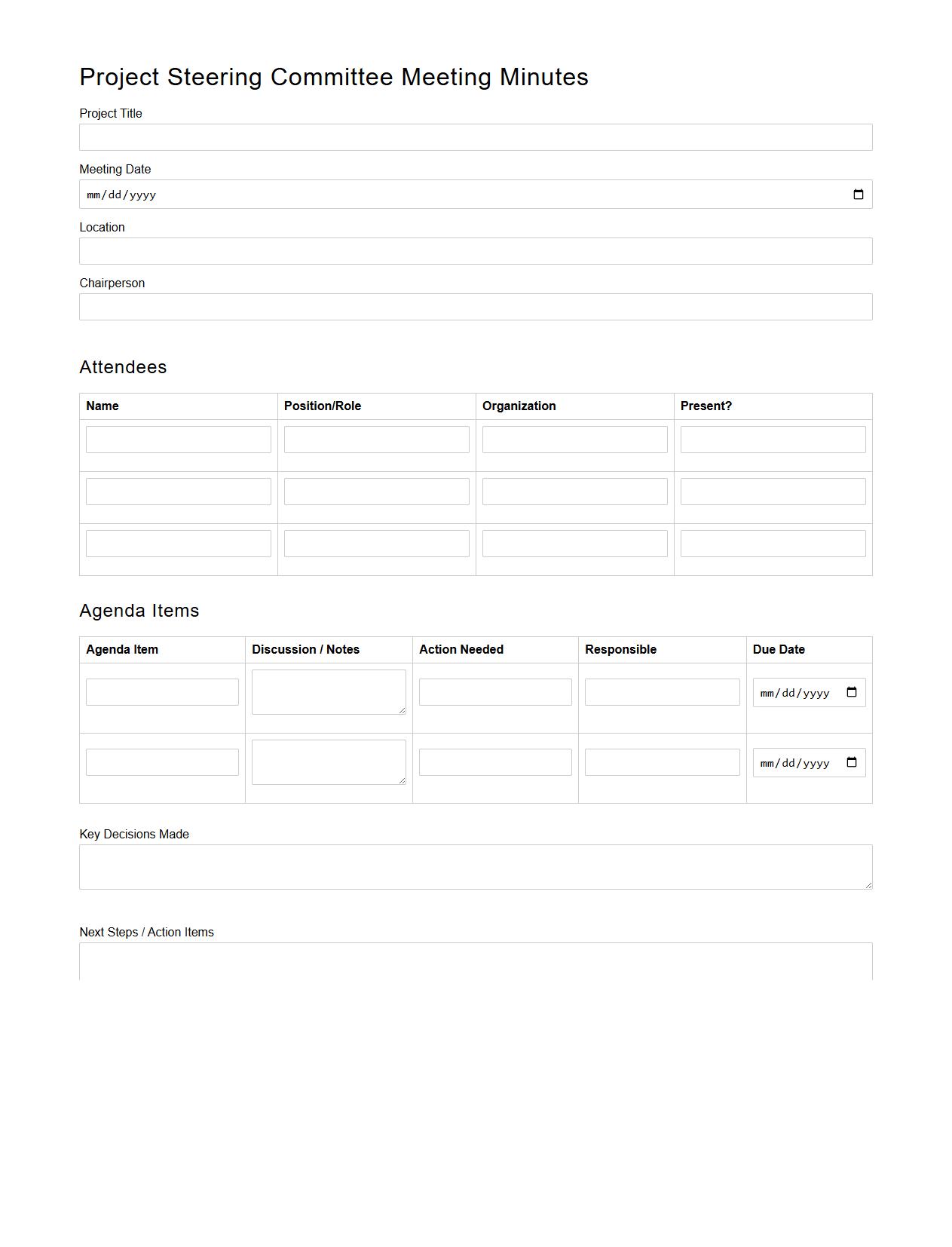 Project Steering Committee Meeting Minutes Form