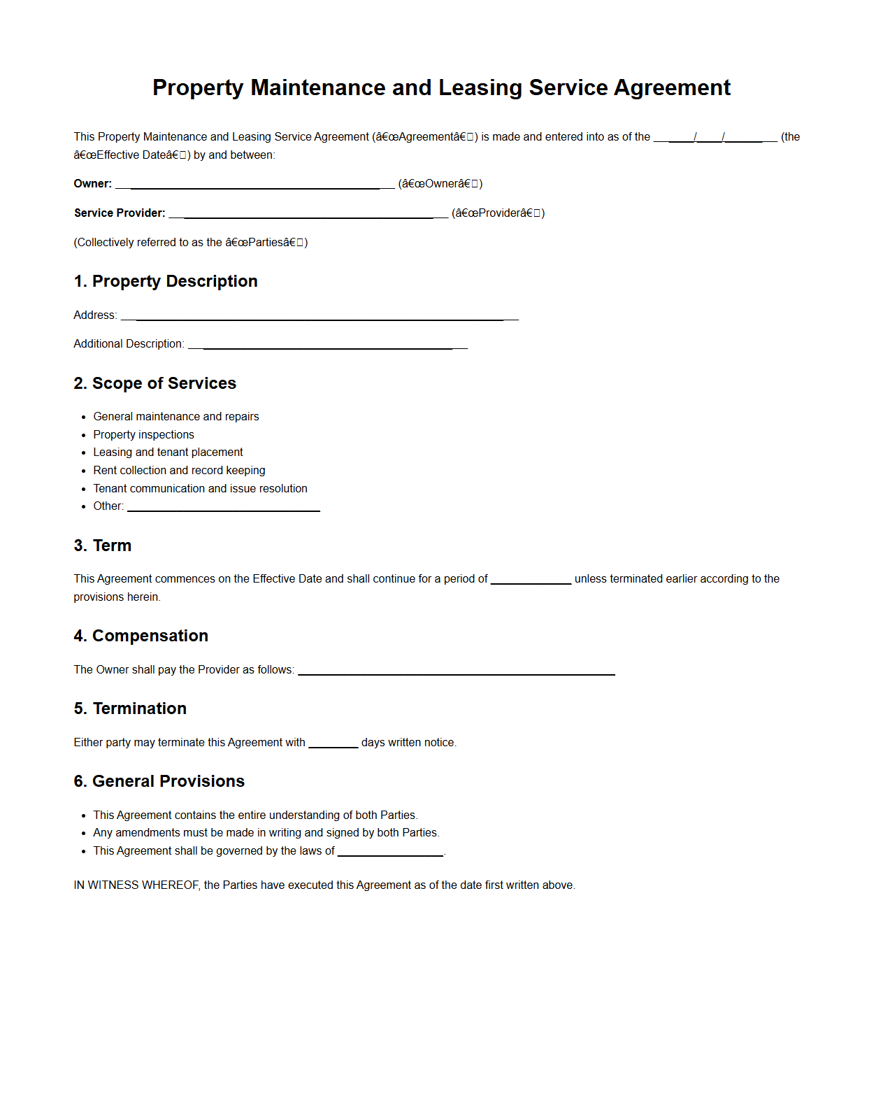 Property Maintenance and Leasing Service Agreement