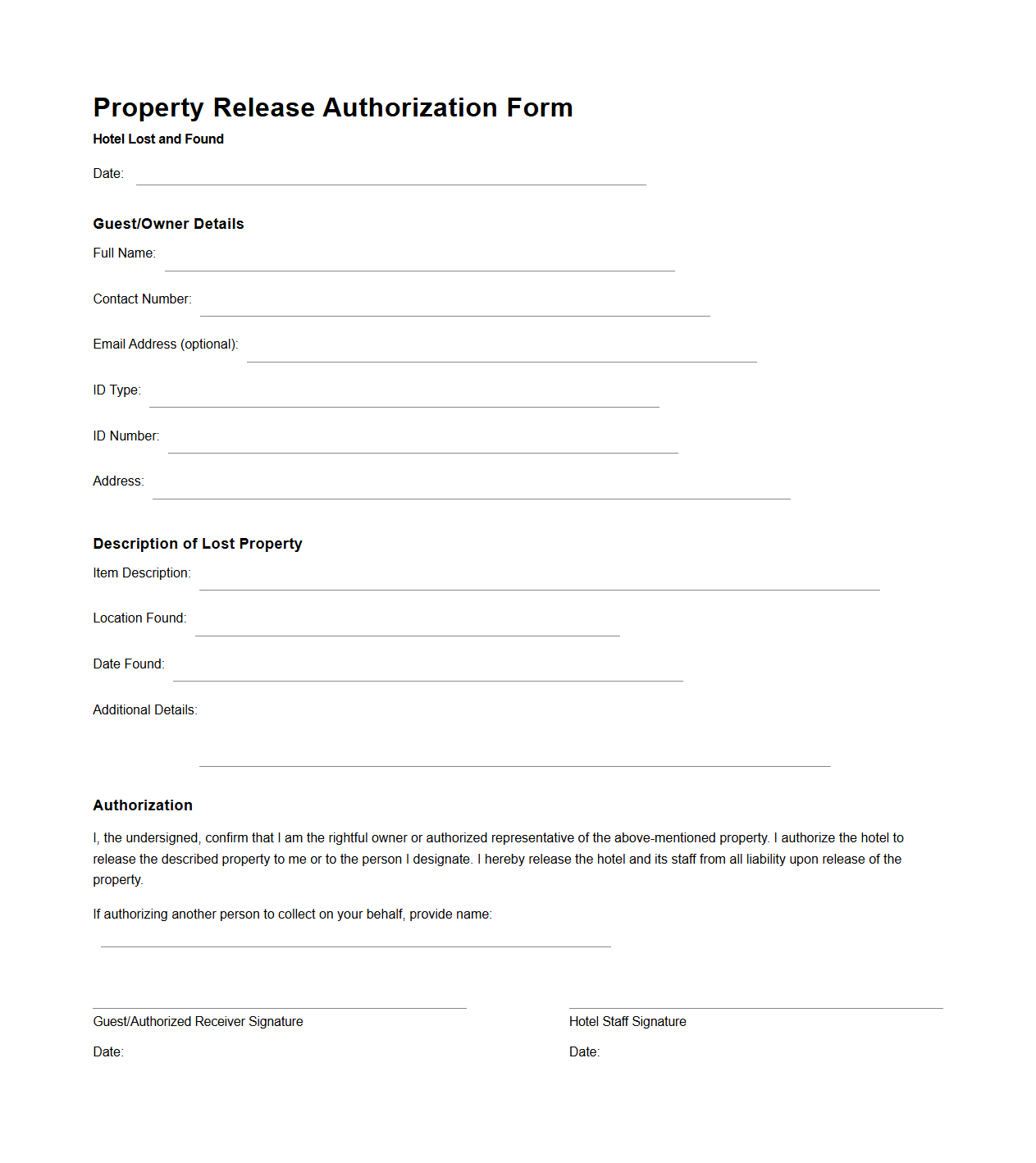 Property Release Authorization Form Sample for Hotel Lost and Found