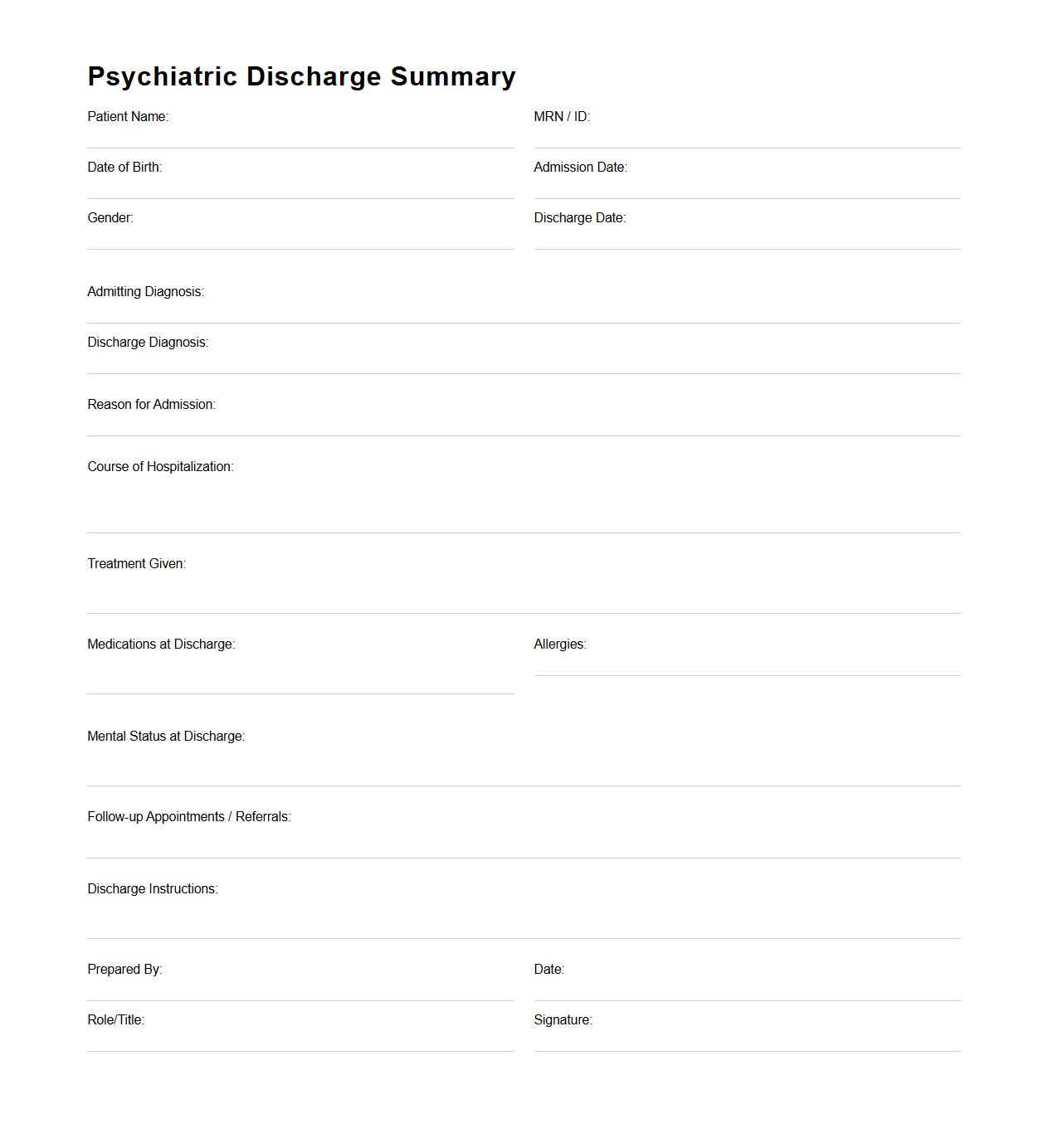 Psychiatric Discharge Summary Document