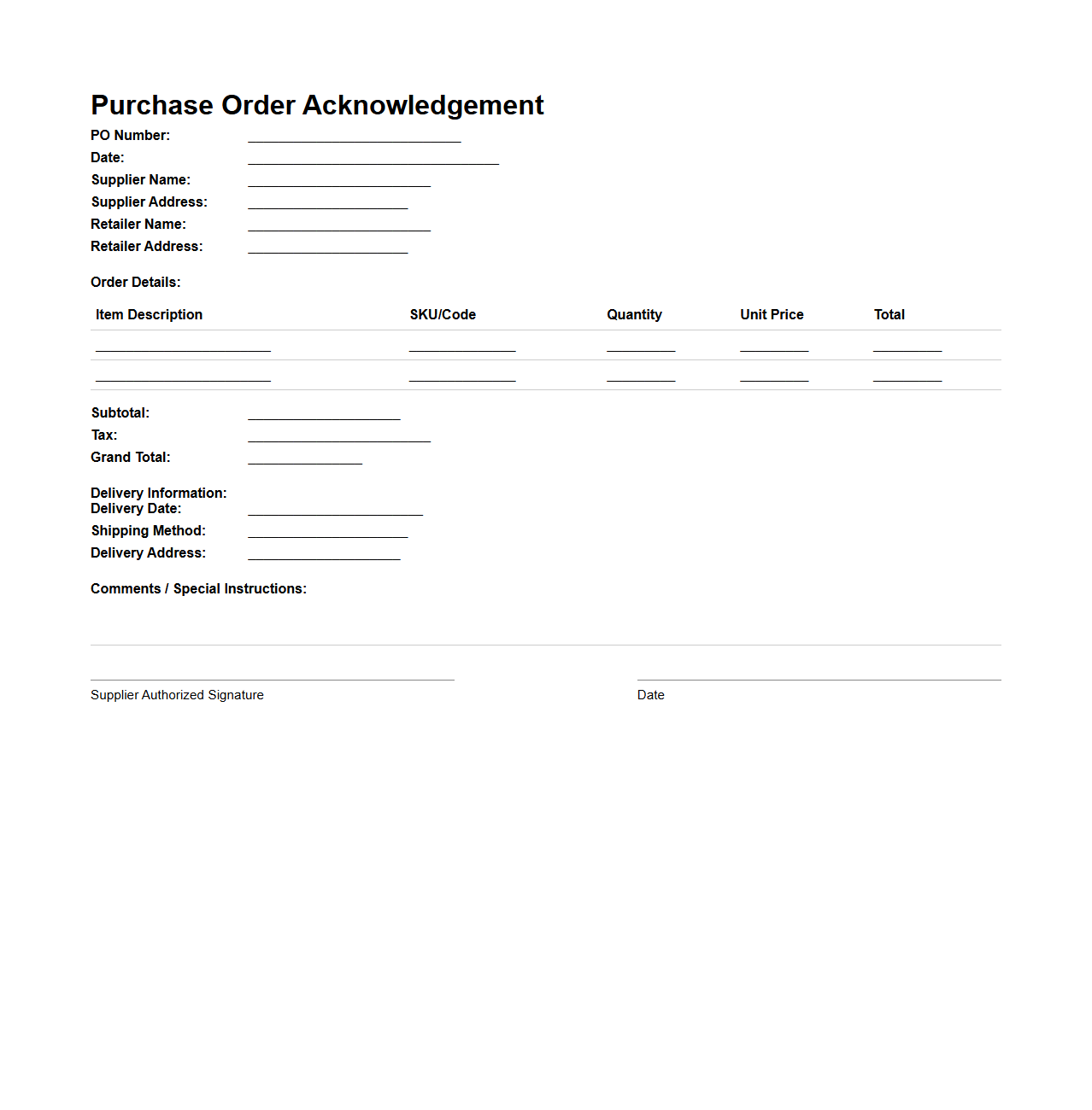 Purchase Order Acknowledgement for Retail