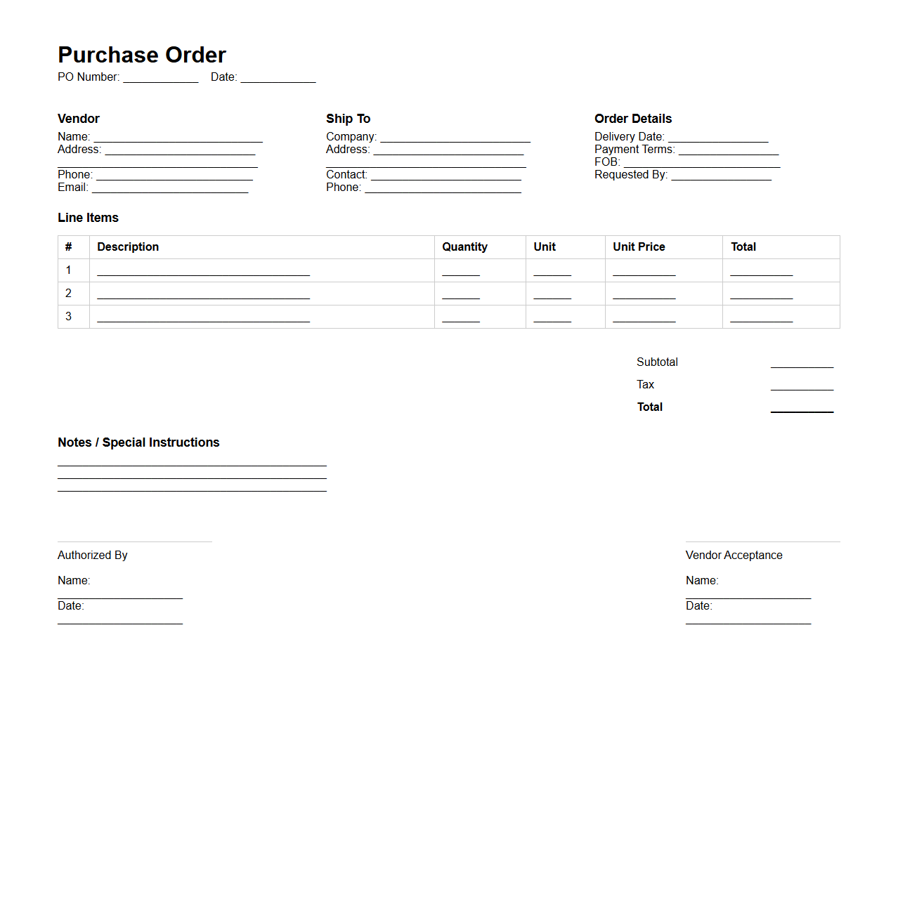 Purchase Order with Multiple Line Items for Vendors