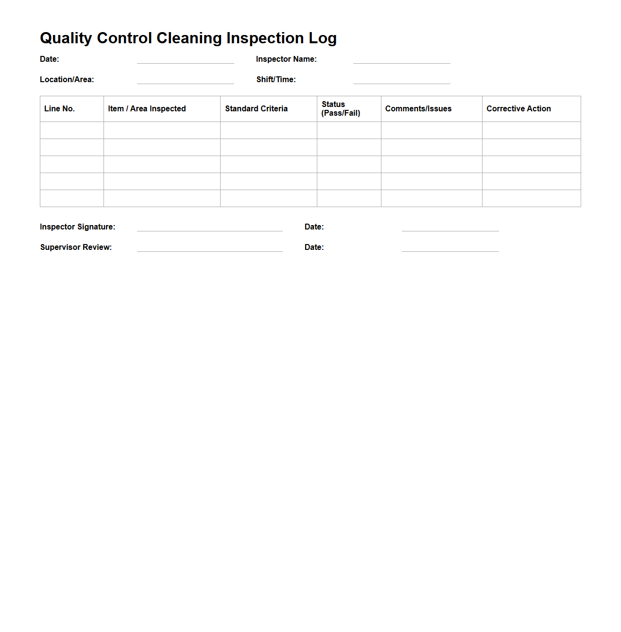 Quality Control Cleaning Inspection Log