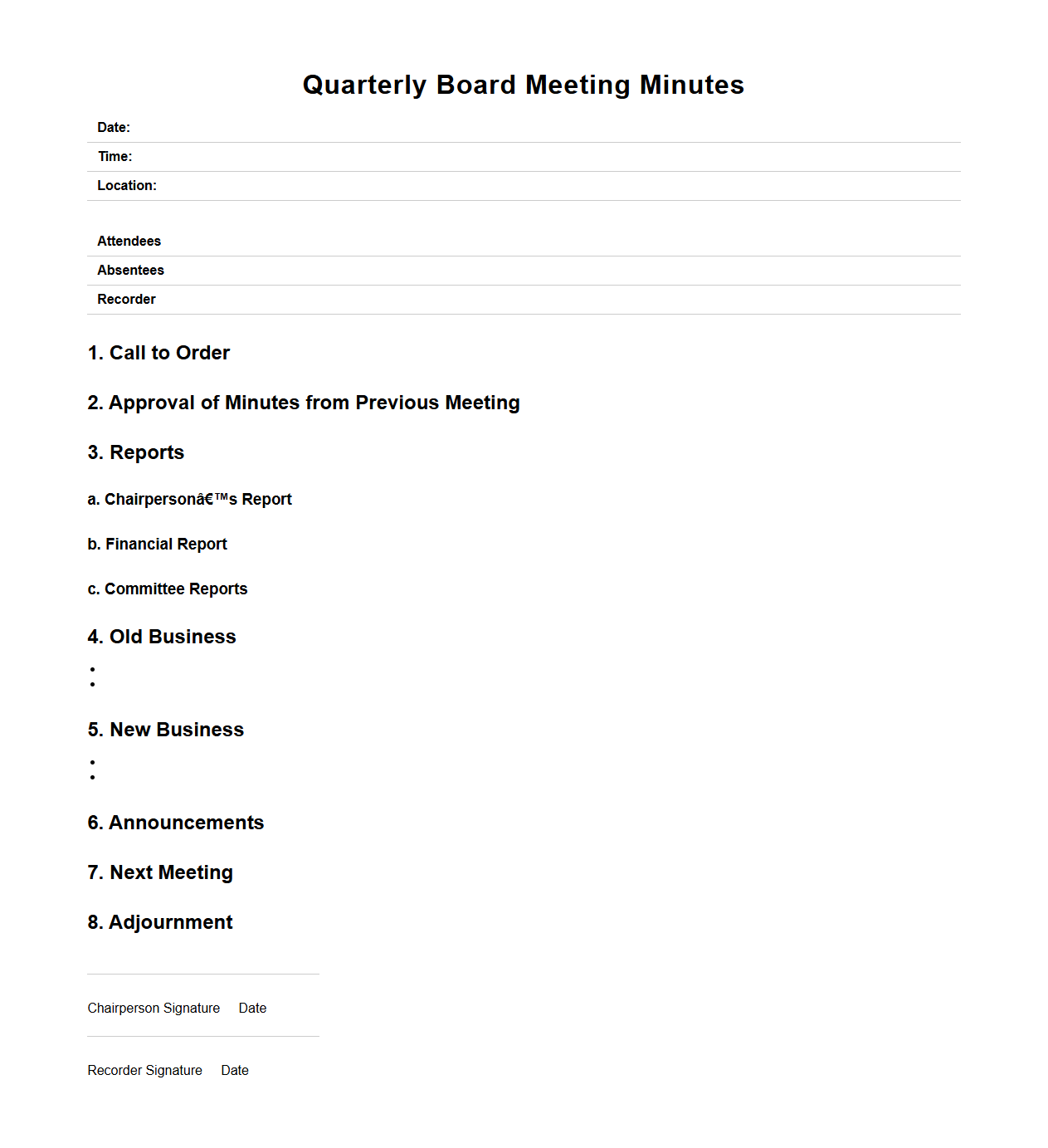 Quarterly Board Meeting Minutes Layout