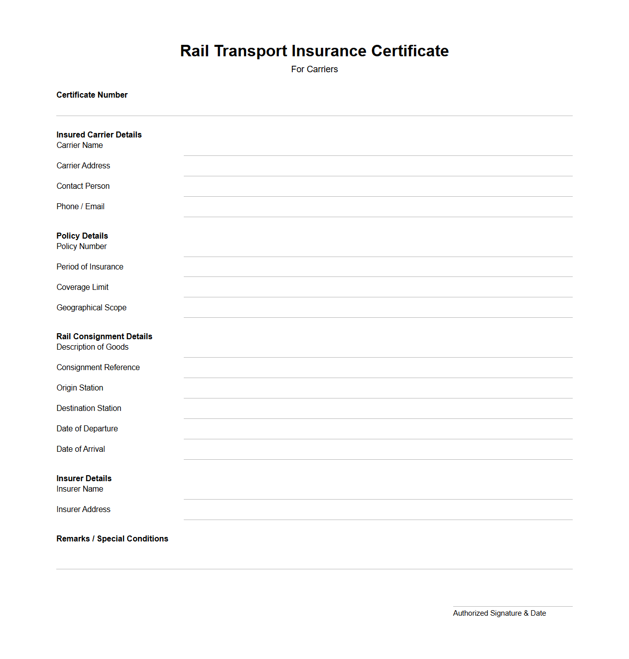 Rail Transport Insurance Certificate Layout for Carriers
