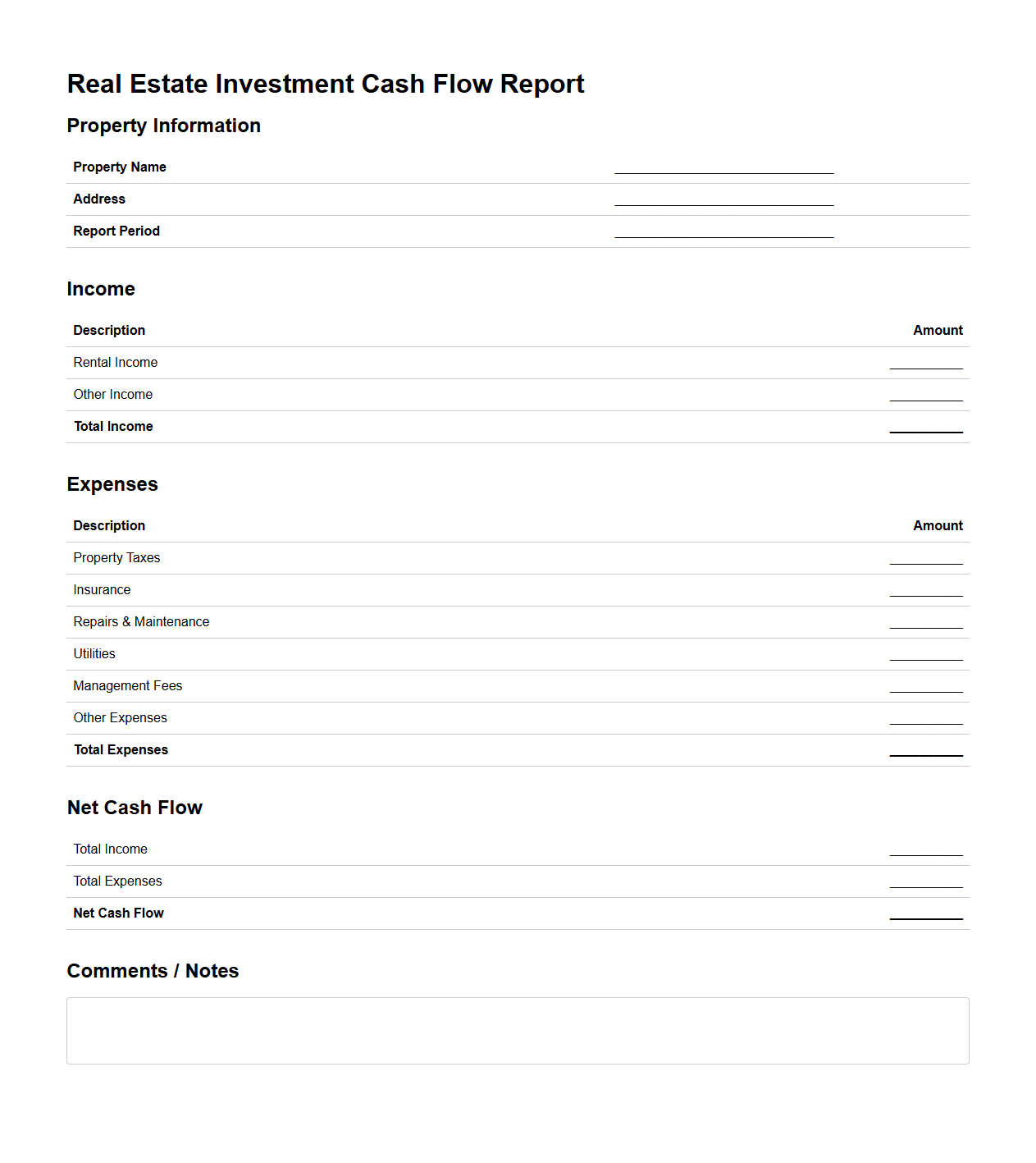 Real Estate Investment Cash Flow Report