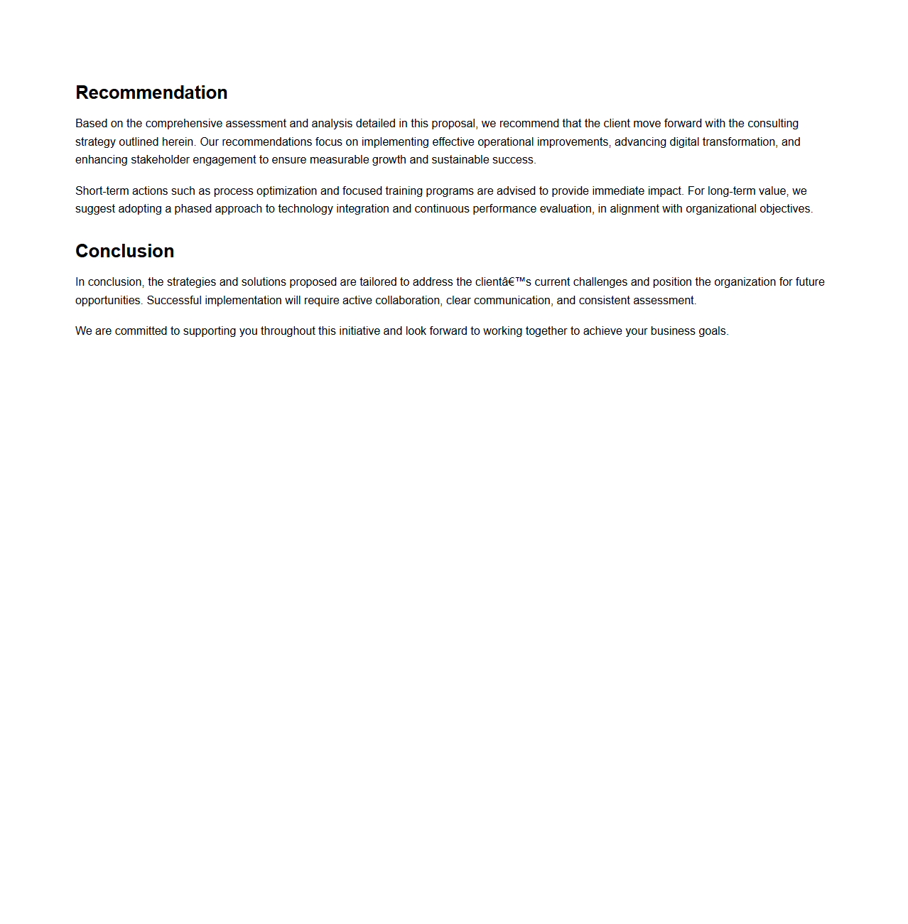 Recommendation and Conclusion for Consulting Business Proposal