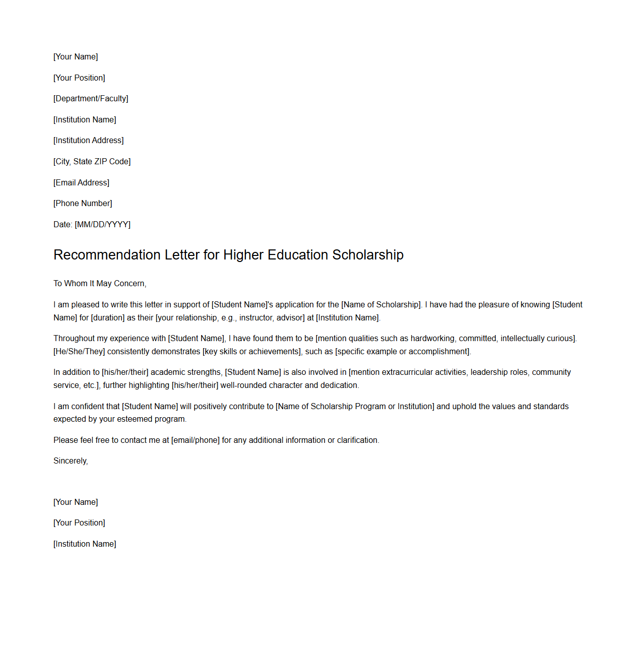 Recommendation Letter Template for Higher Education Scholarships