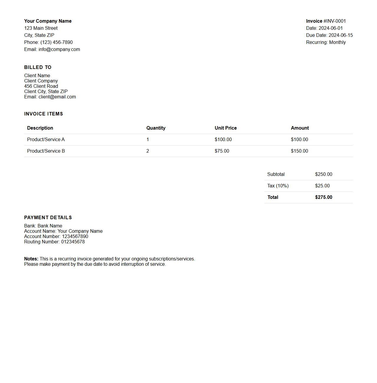 Recurring Invoice Sample for Accounts Receivable
