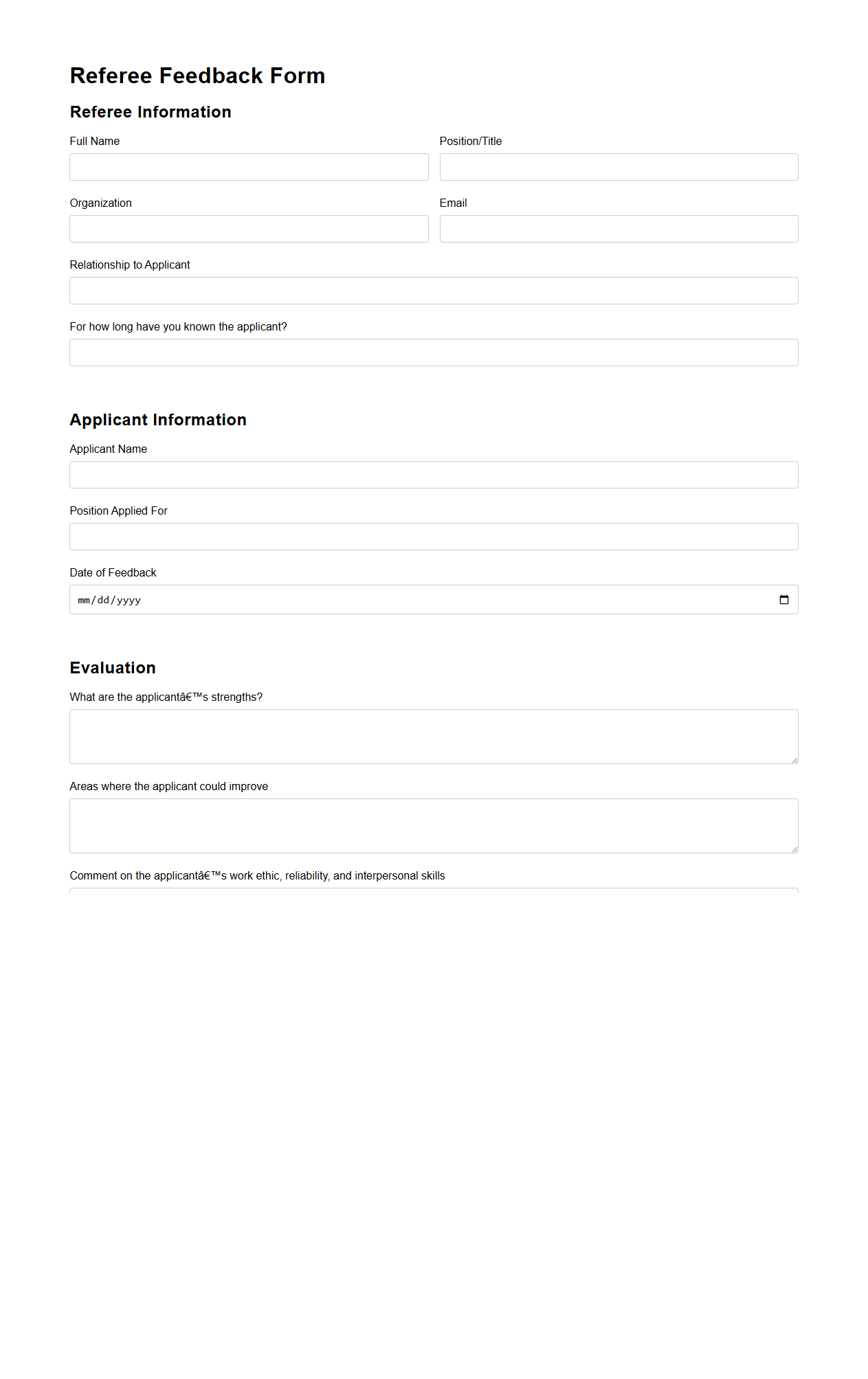 Referee Feedback Form for Recruitment Process