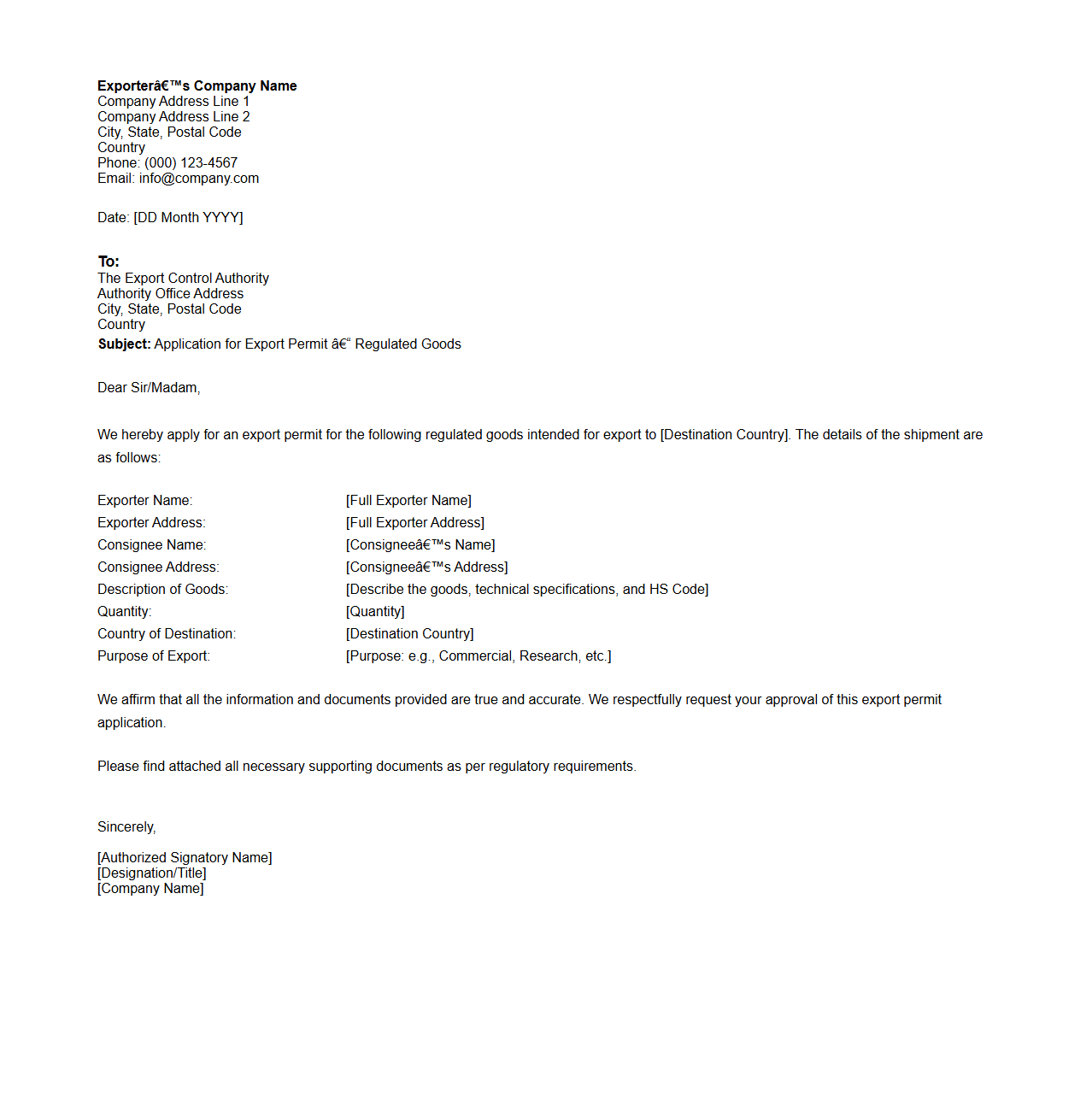 Regulated Goods Export Permit Sample Letter