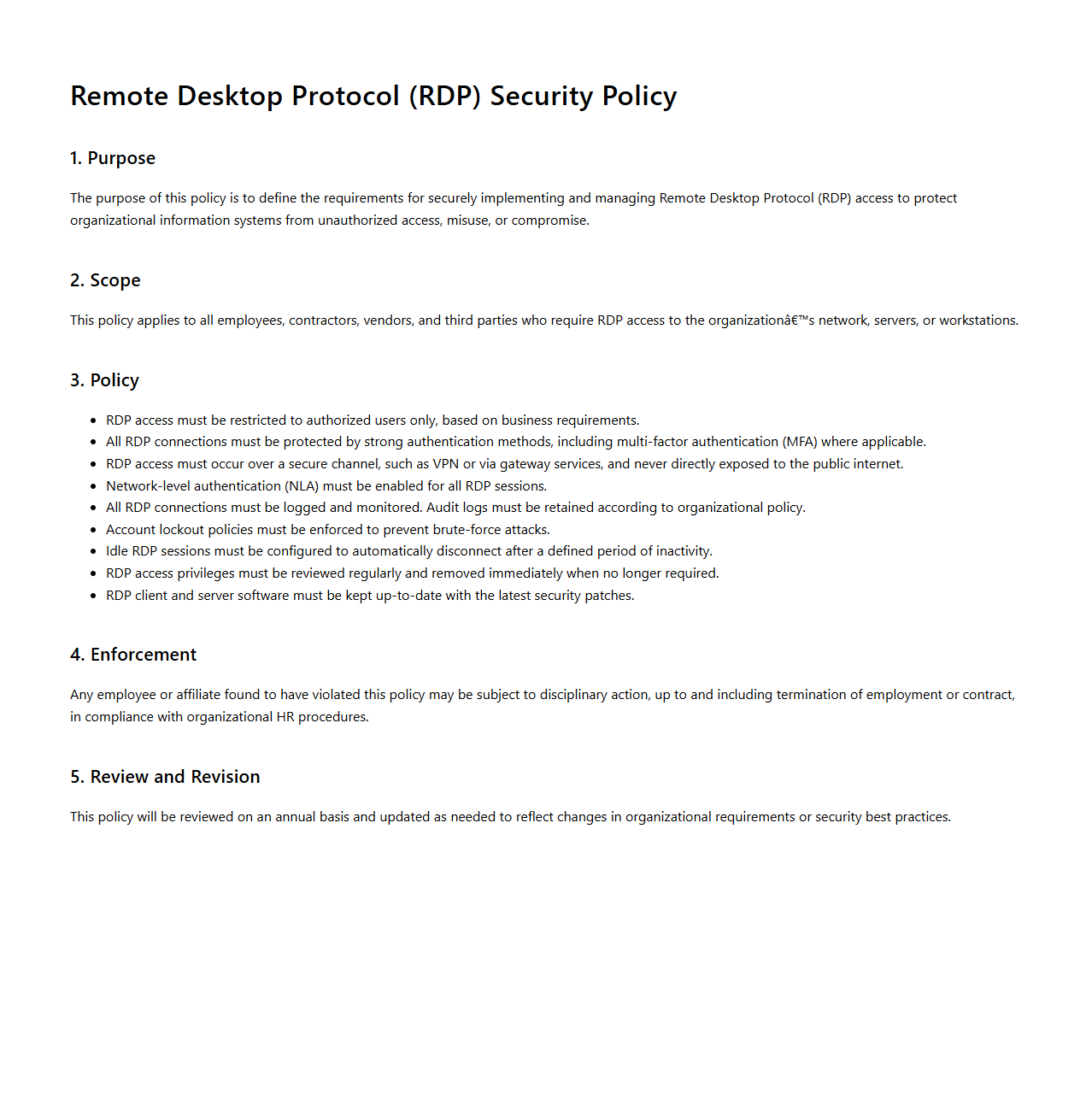 Remote Desktop Protocol (RDP) Security Policy