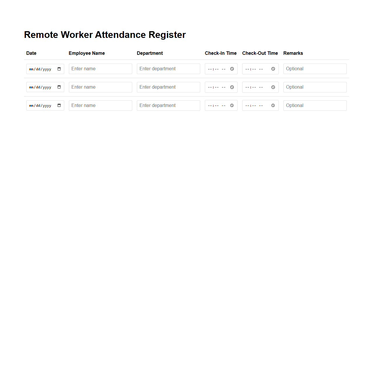 Remote Worker Attendance Register