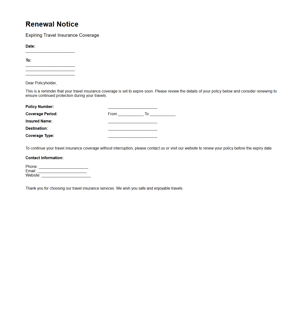 Renewal Notice for Expiring Travel Insurance Coverage