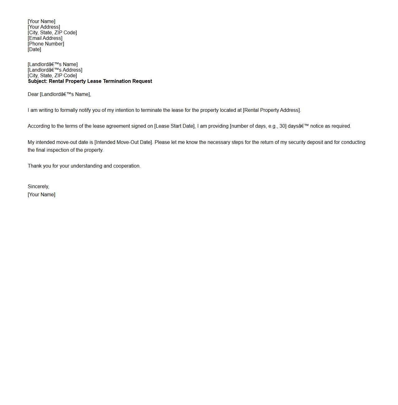 Rental Property Lease Termination Request Letter Sample