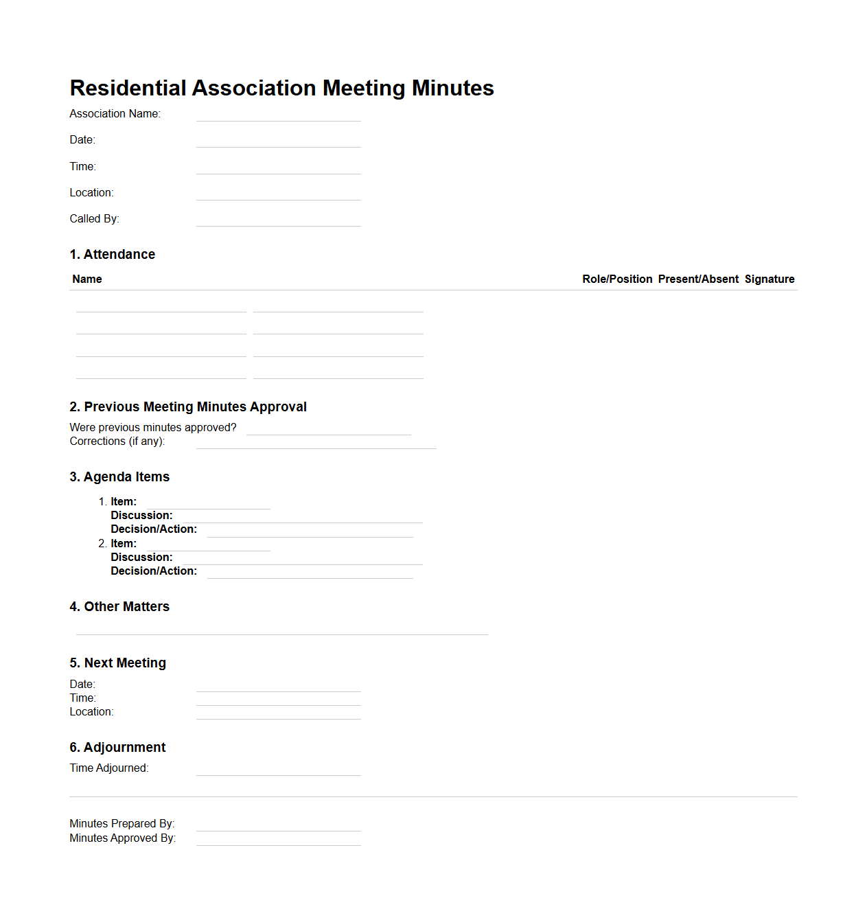 Residential Association Meeting Minutes Format