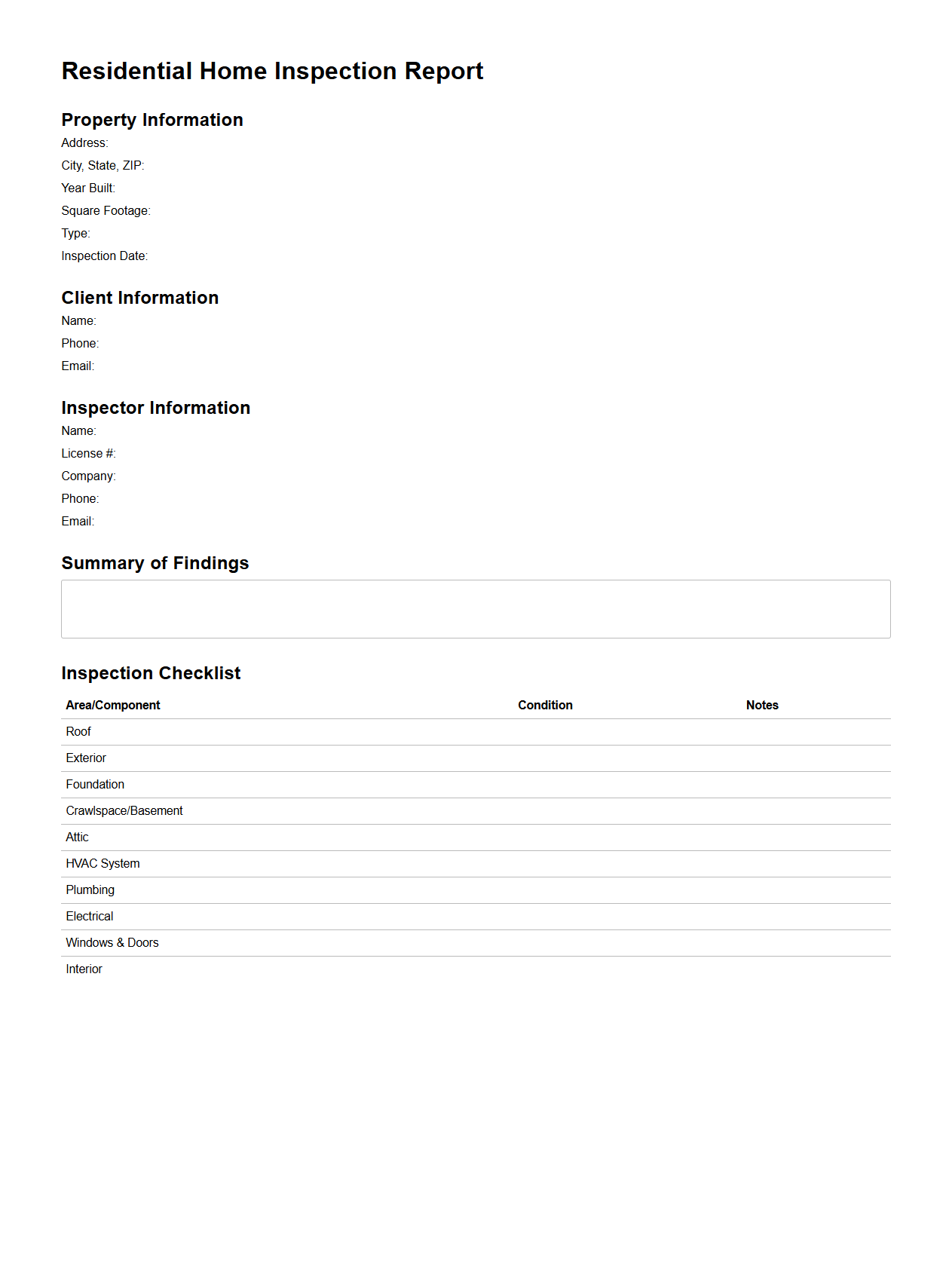 Residential Home Inspection Report Template