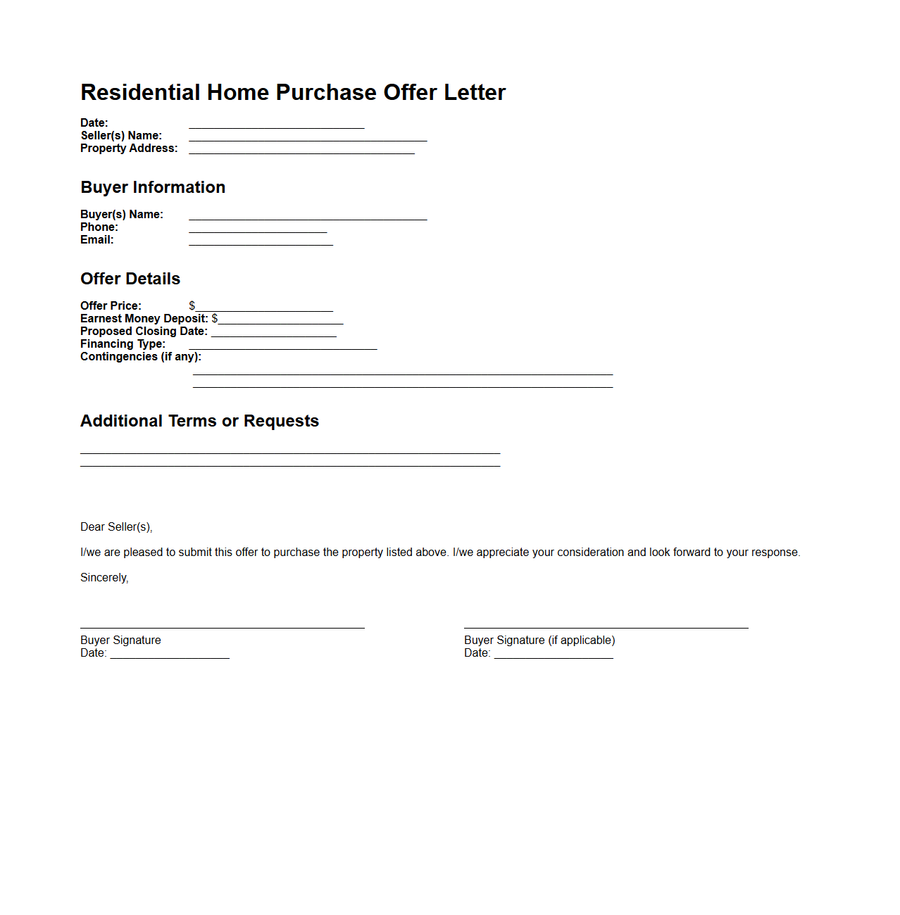 Residential Home Purchase Offer Letter Template