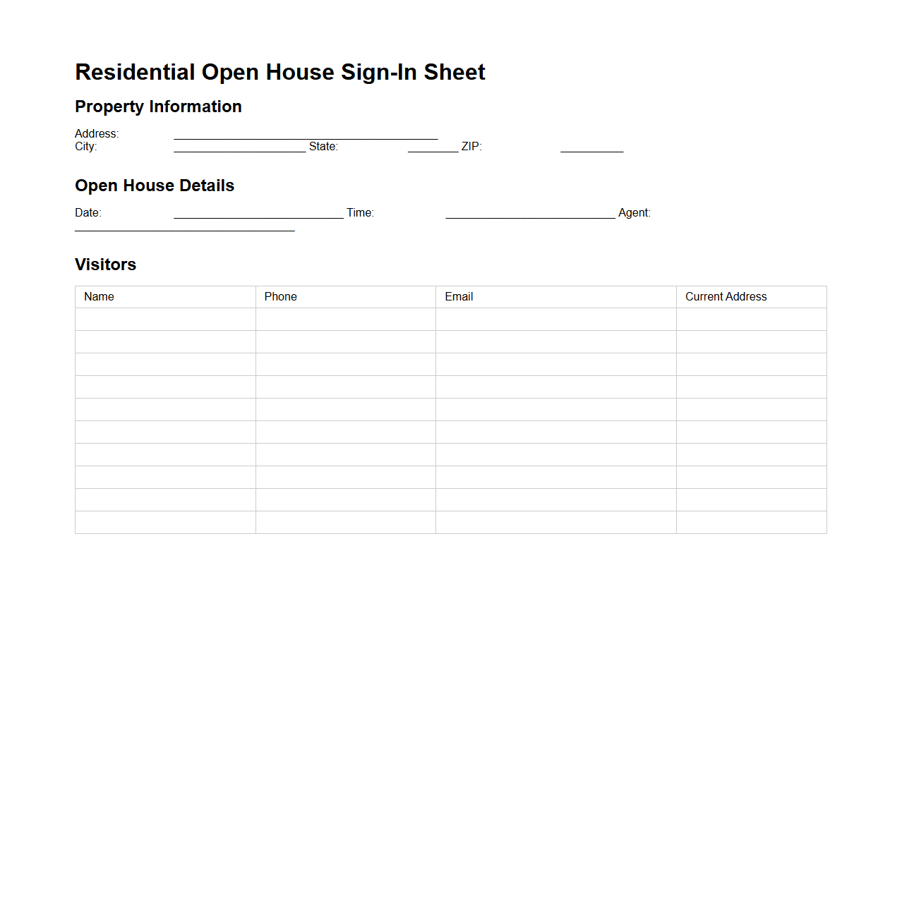 Residential Open House Sign-In Sheet Template