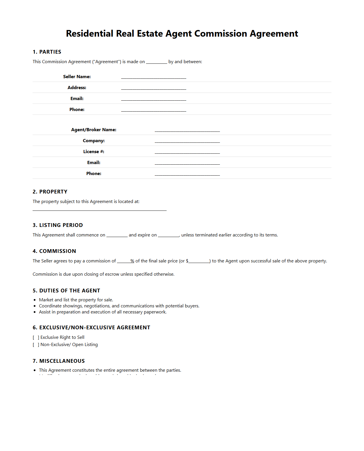 Residential Real Estate Agent Commission Agreement Template