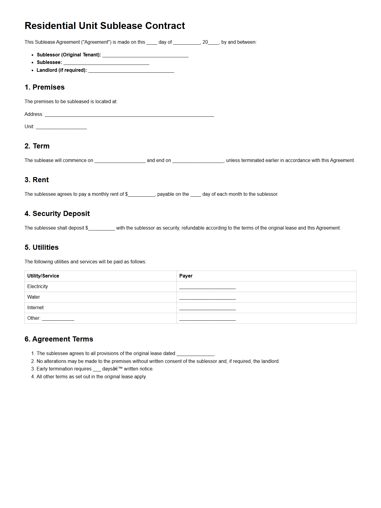 Residential Unit Sublease Contract Example