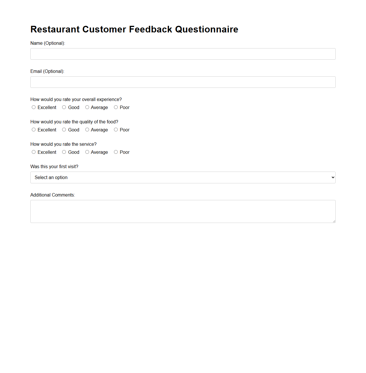 Restaurant Customer Feedback Questionnaire