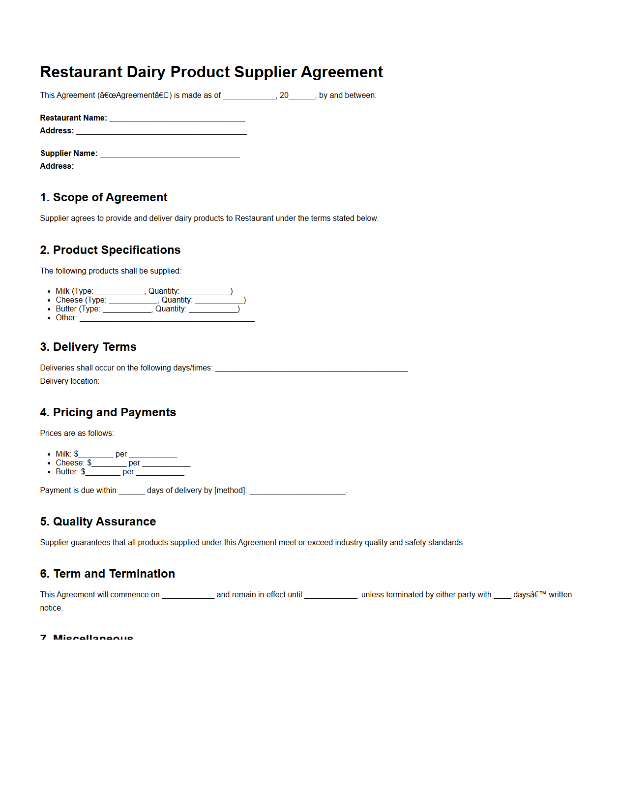 Restaurant Dairy Product Supplier Agreement