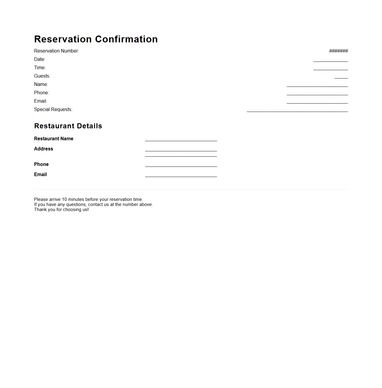 Restaurant Dining Reservation Confirmation Template