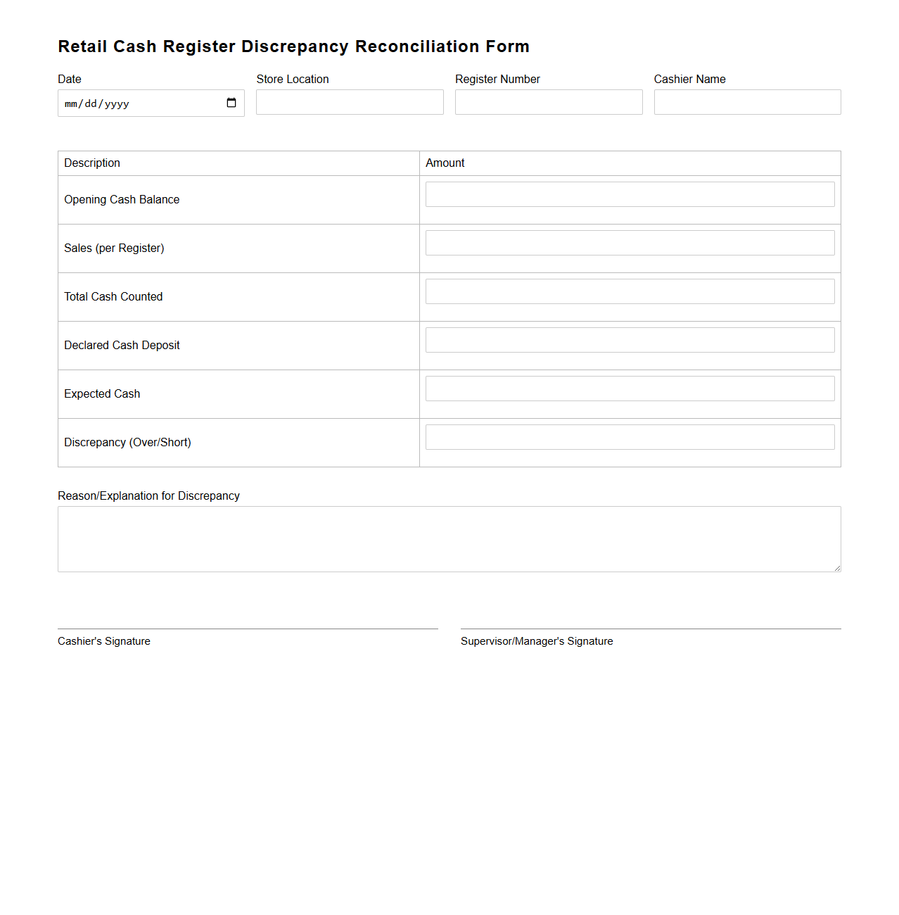 Retail Cash Register Discrepancy Reconciliation Form