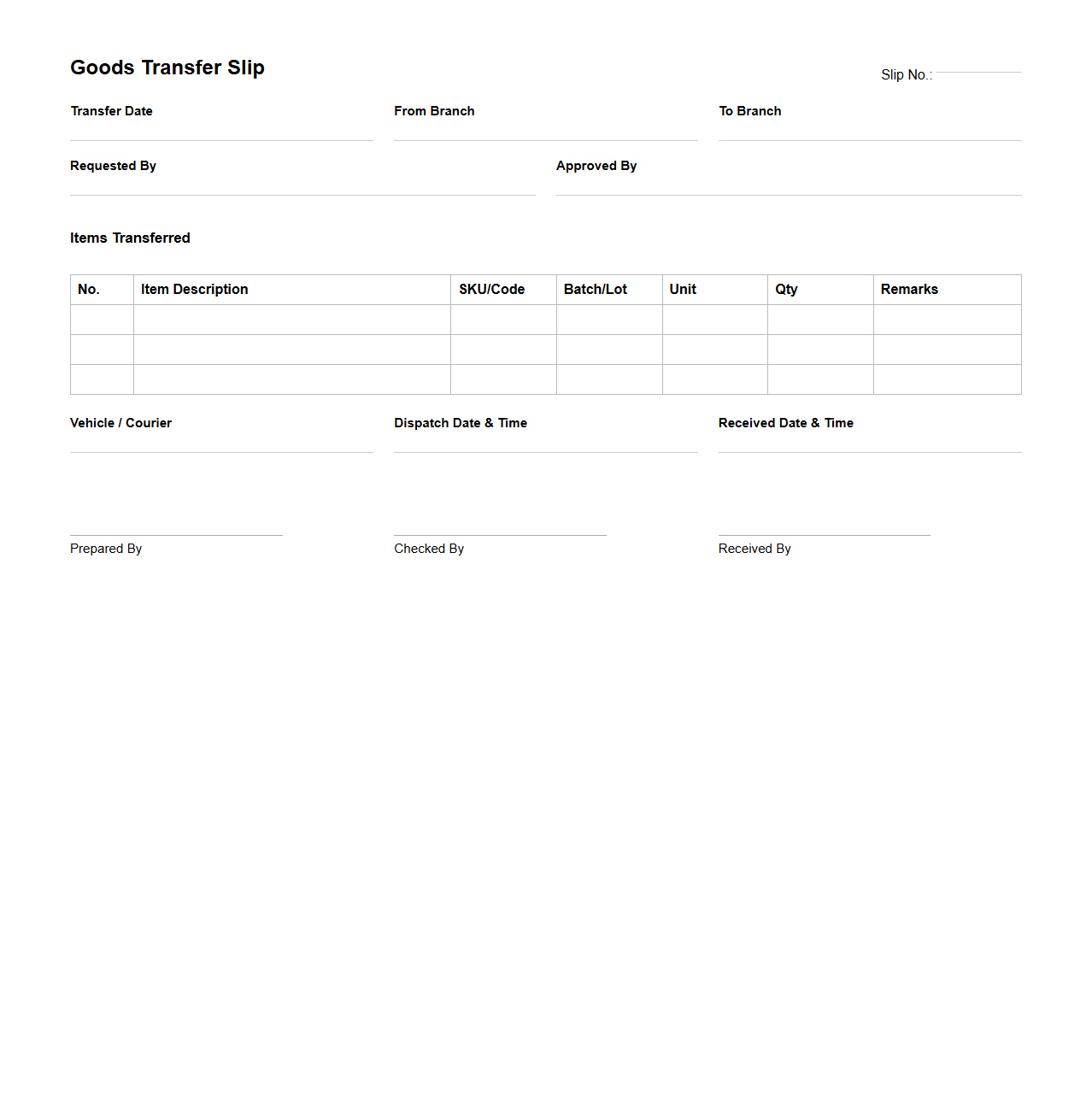 Retail Chain Goods Transfer Slip Template