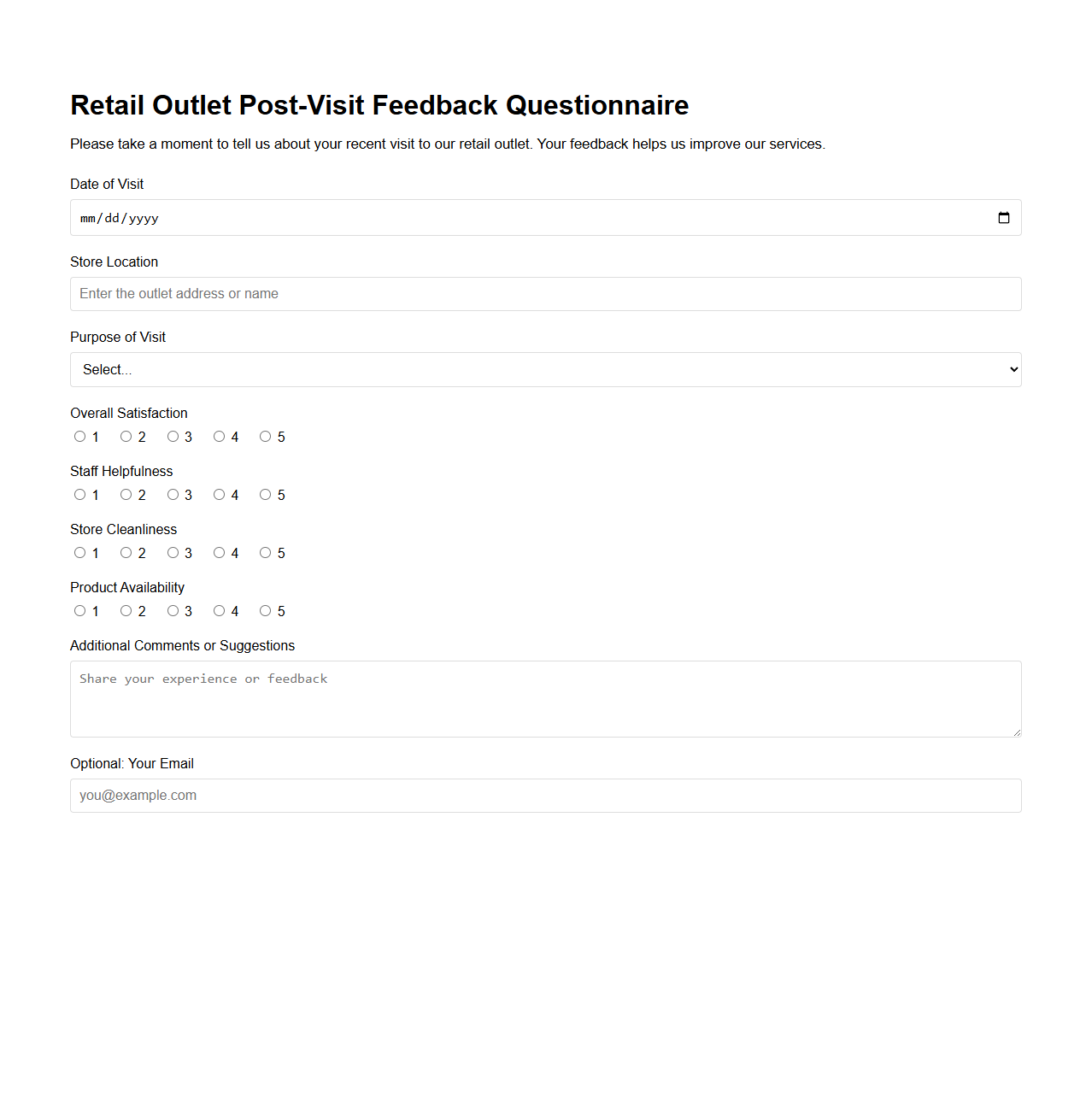 Retail Outlet Post-Visit Feedback Questionnaire