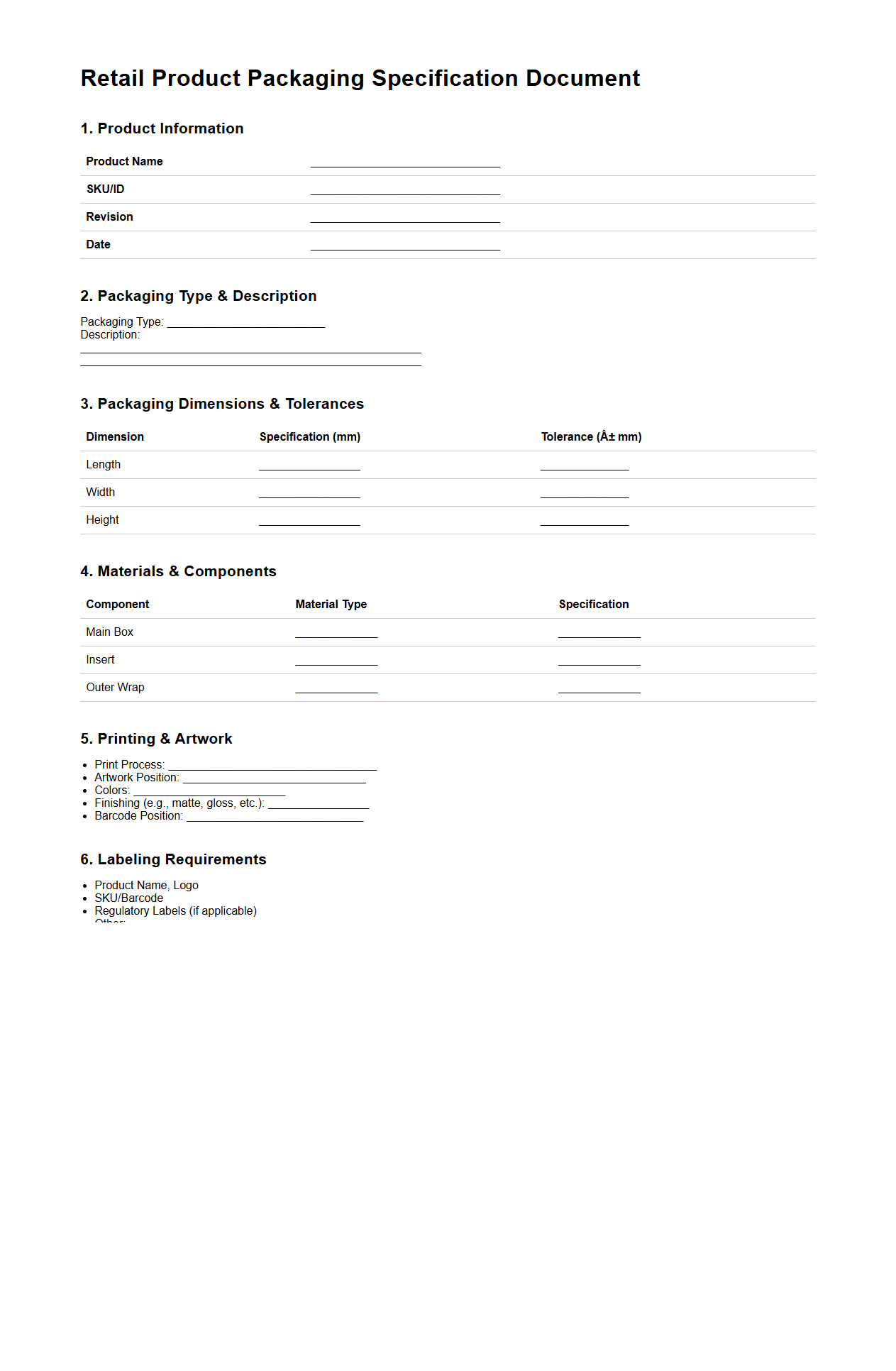 Retail Product Packaging Specification Document Sample