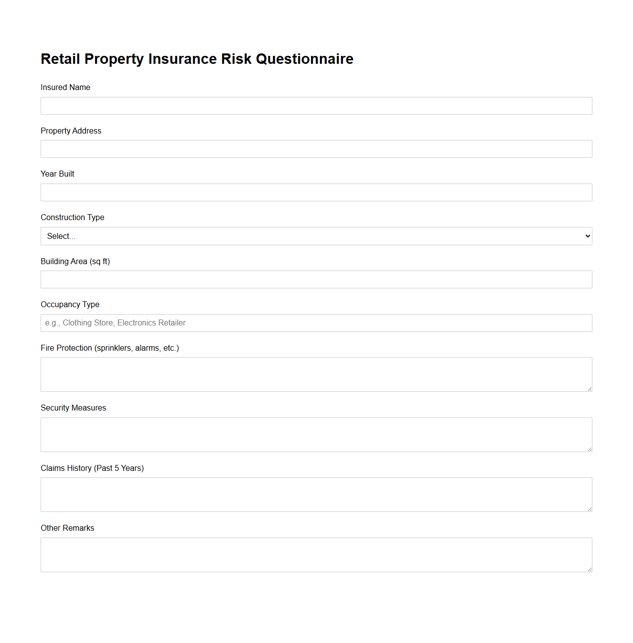 Retail Property Insurance Risk Questionnaire