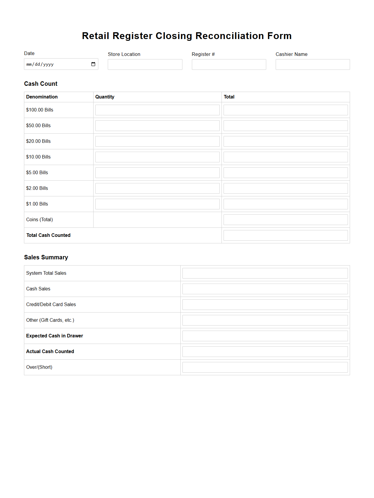 Retail Register Closing Reconciliation Form