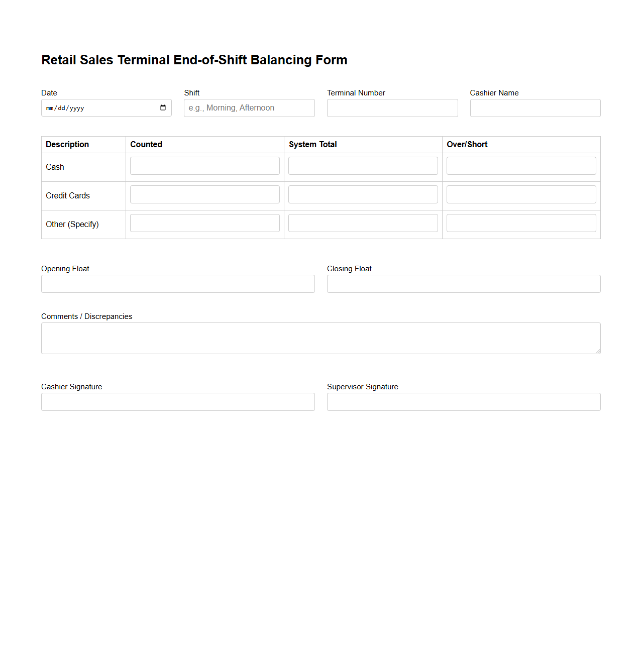 Retail Sales Terminal End-of-Shift Balancing Form