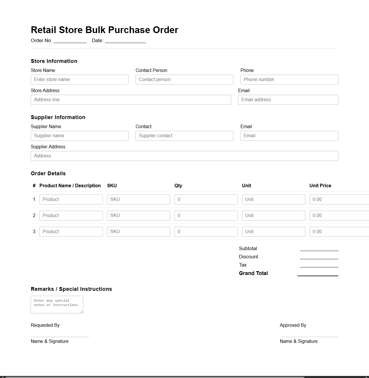 Retail Store Bulk Purchase Order Layout