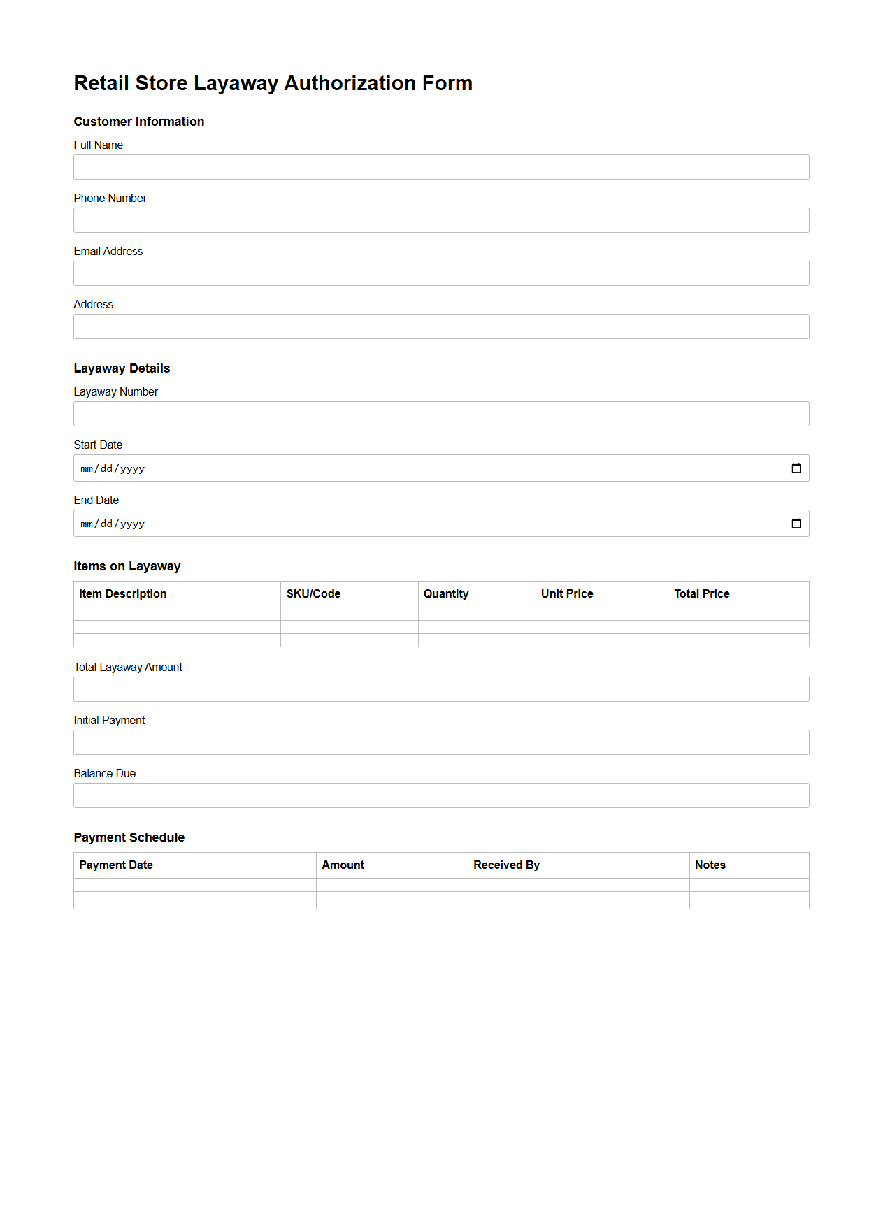 Retail Store Layaway Authorization Form Template