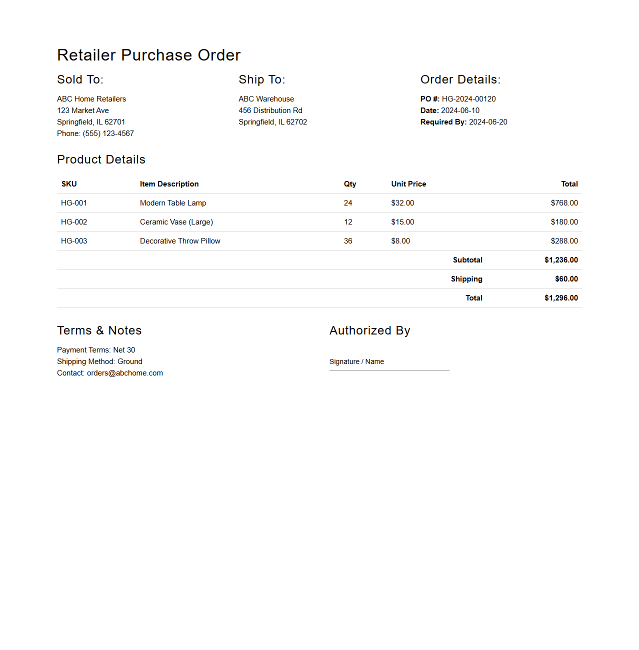 Retailer Purchase Order Example for Home Goods