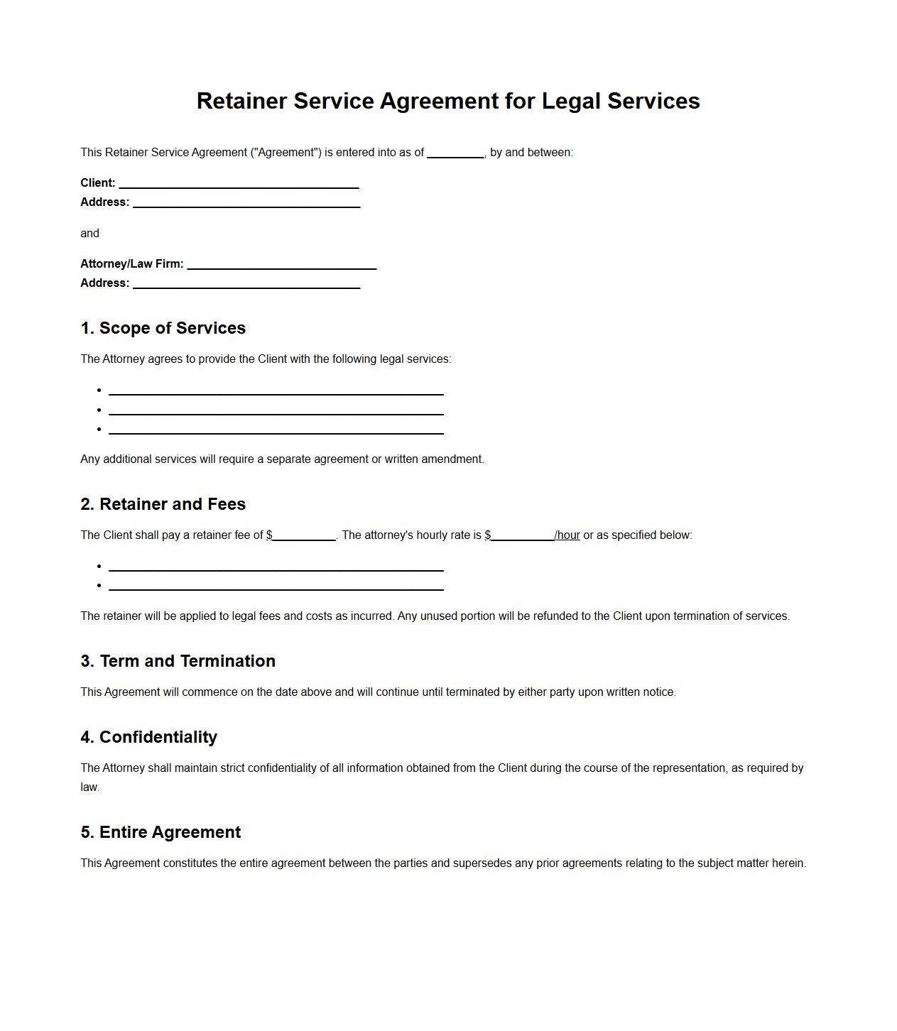 Retainer Service Agreement for Legal Services